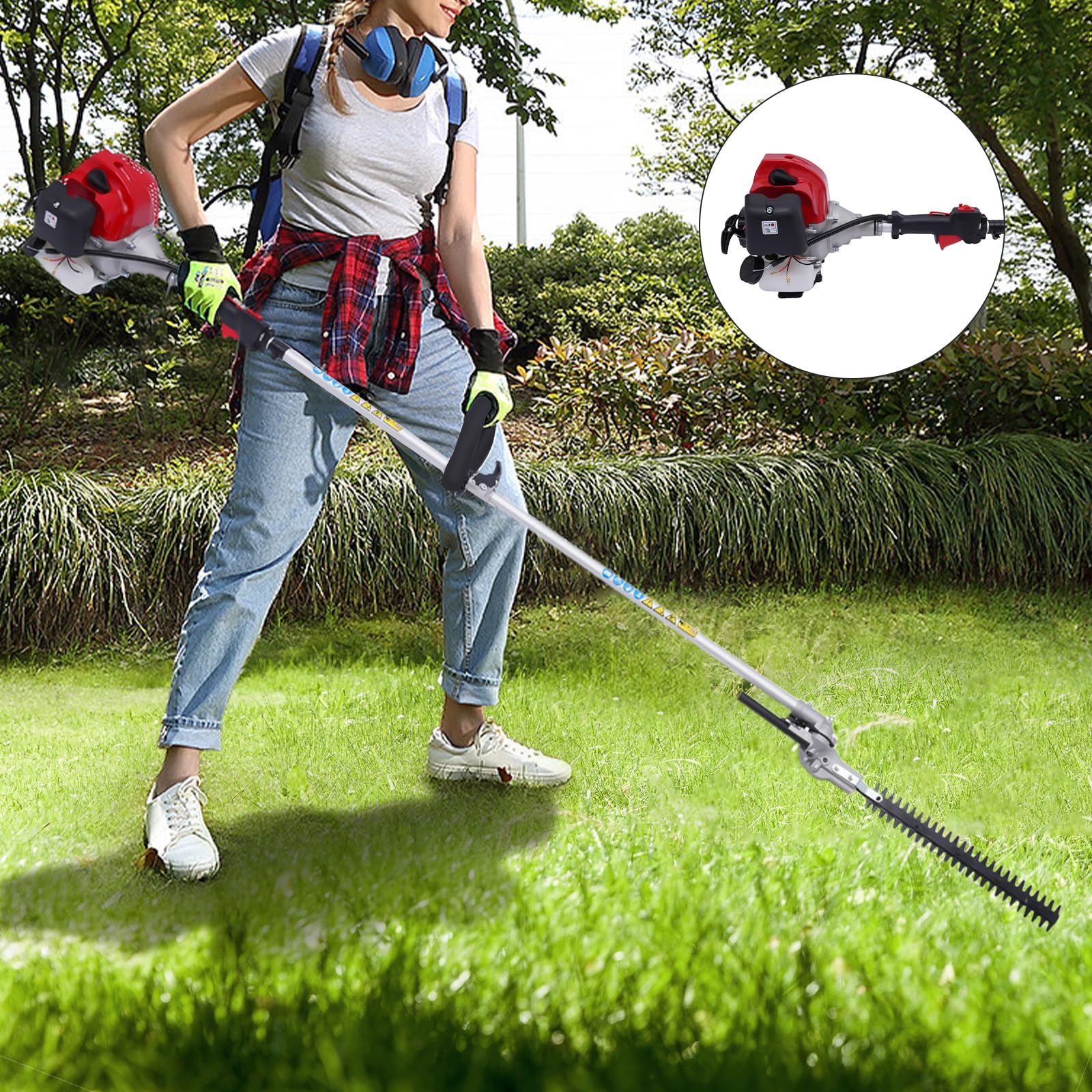 52cc Benzin-Heckenschere und Gartensäge mit Langer Reichweite, 4IN1 Motorsense Hochentaster Heckenschere Kettensäge zum Schneiden und Sägen von Rasenkanten, Rasen