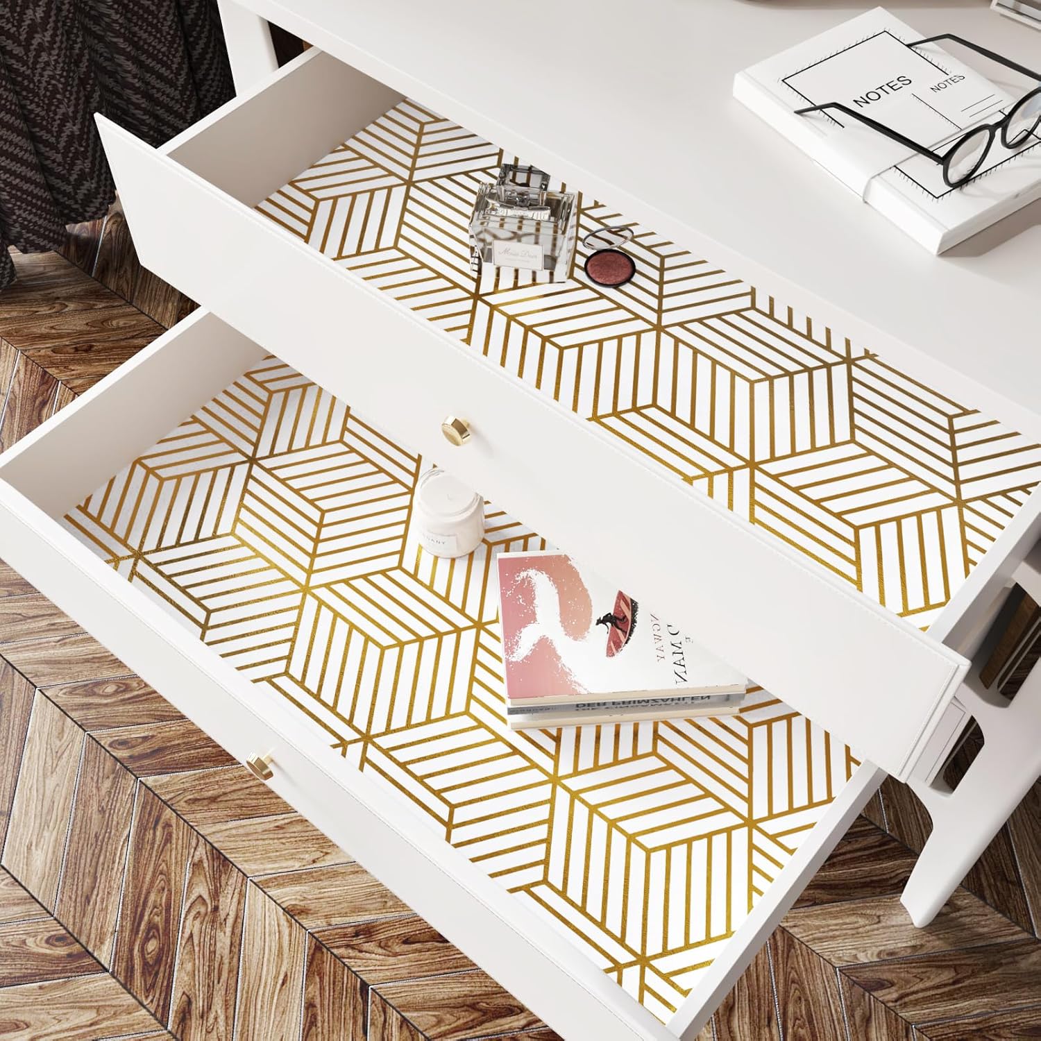 Modern Geometric Wallpaper Peel and Stick 17.7”×118” White and Gold Wallpaper for Bedroom Walls Srawers Self Adhesive Contact Paper Gold Hexagon Geometric Removable Wallpaper Art Decor Wall Paper