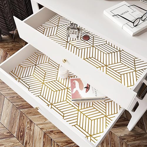 Miniatura 7 de Papel tapiz geométrico moderno de 17.7 x 118 pulgadas, papel tapiz blanco y dorado para paredes de dormitorio, papel de contacto autoadhesivo con