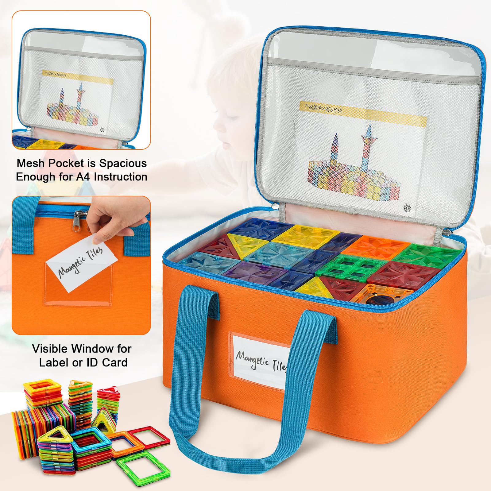 3 Packungen große magnetische Fliesen-Aufbewahrungstaschen, magnetischer Fliesen-Aufbewahrungsbehälter, Spielzeug-Organizer mit Netztasche und Tag-Tasche für Magnetbaufliesen, Brettspiel, Puzzle und
