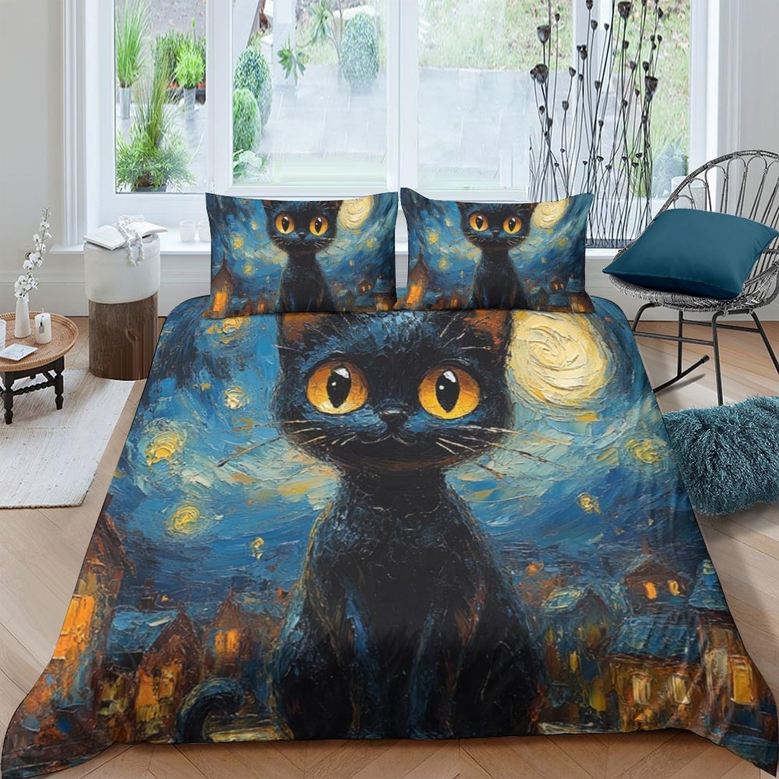 GPLZQXKJNH 3D Printed Starry Night Cat Duvet Cover Set Microfiber Soft Breathable Moonlight Bedding Set with 2 Pillowcases for Bedroom Home Decor Single（135x200cm）