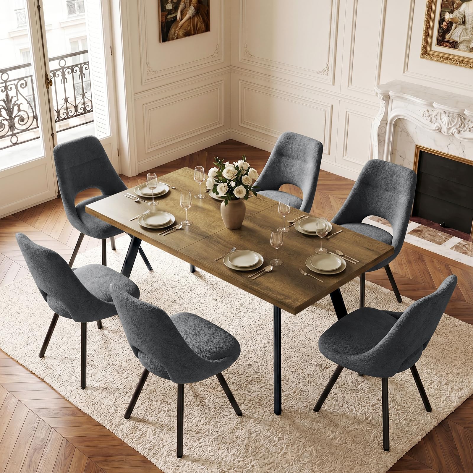 LEWE Essgruppen Esstisch mit 4 Stühlen, 160 x 80 x 75 cm Rechteckig Esstisch aus Holz mit 4 Esszimmerstühle, Drehbar 360°, Durchbrochene Rückenlehnel, Gepolstert, für Küche Esszimmer und Wohnzimmer