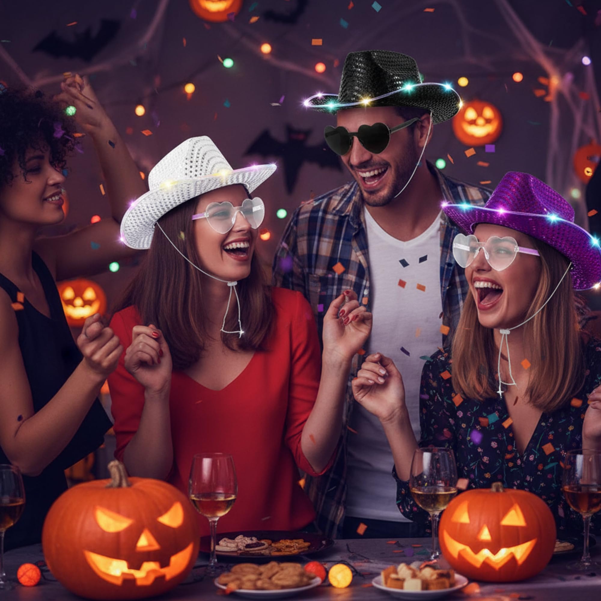 6 Stück LED Cowgirl Kostüm Zubehör Halloween Party Kostüm Rosa Cowboy Hut Weltraum Cowgirl Hut mit Herz Brille Bulk Cowboy Hüte Weiß Cowboy Hüte für Mädchen Frauen Geburtstag Halloween Leuchtparty,