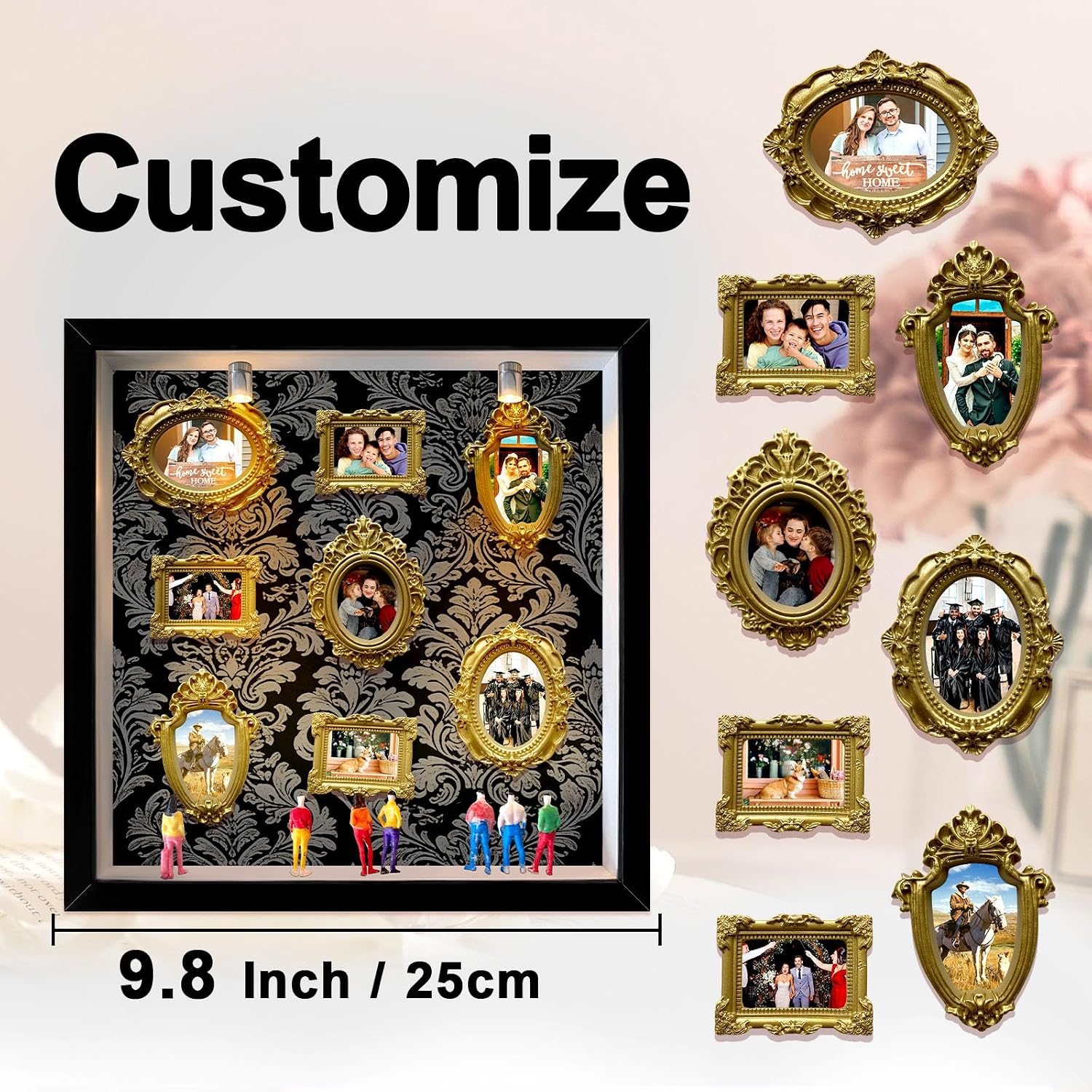 DIY Mini Gold Frames Shadow Box Kit with Figurines,8 Photos Frame Set Silhouette Memory Box for Anniversary Wedding Birthday Valentine's Day Mother's Day Vintage Home Decor
