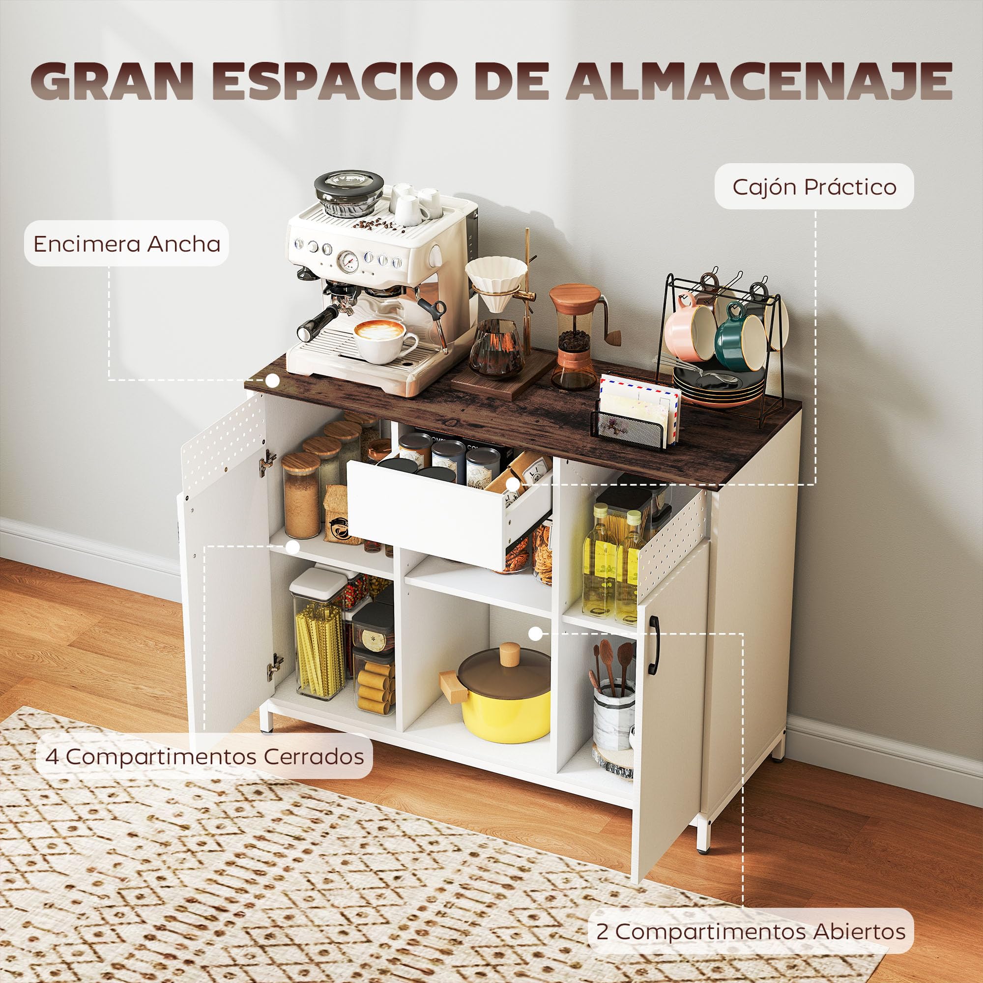 HOMCOM Aparador de 2 Puertas con Tablero Colgante 100x40x80 cm Blanco | Aparador para Salón, Cajón, Compartimentos Abiertos, Estantes Ajustables, para Cocina, Entrada, Oficina