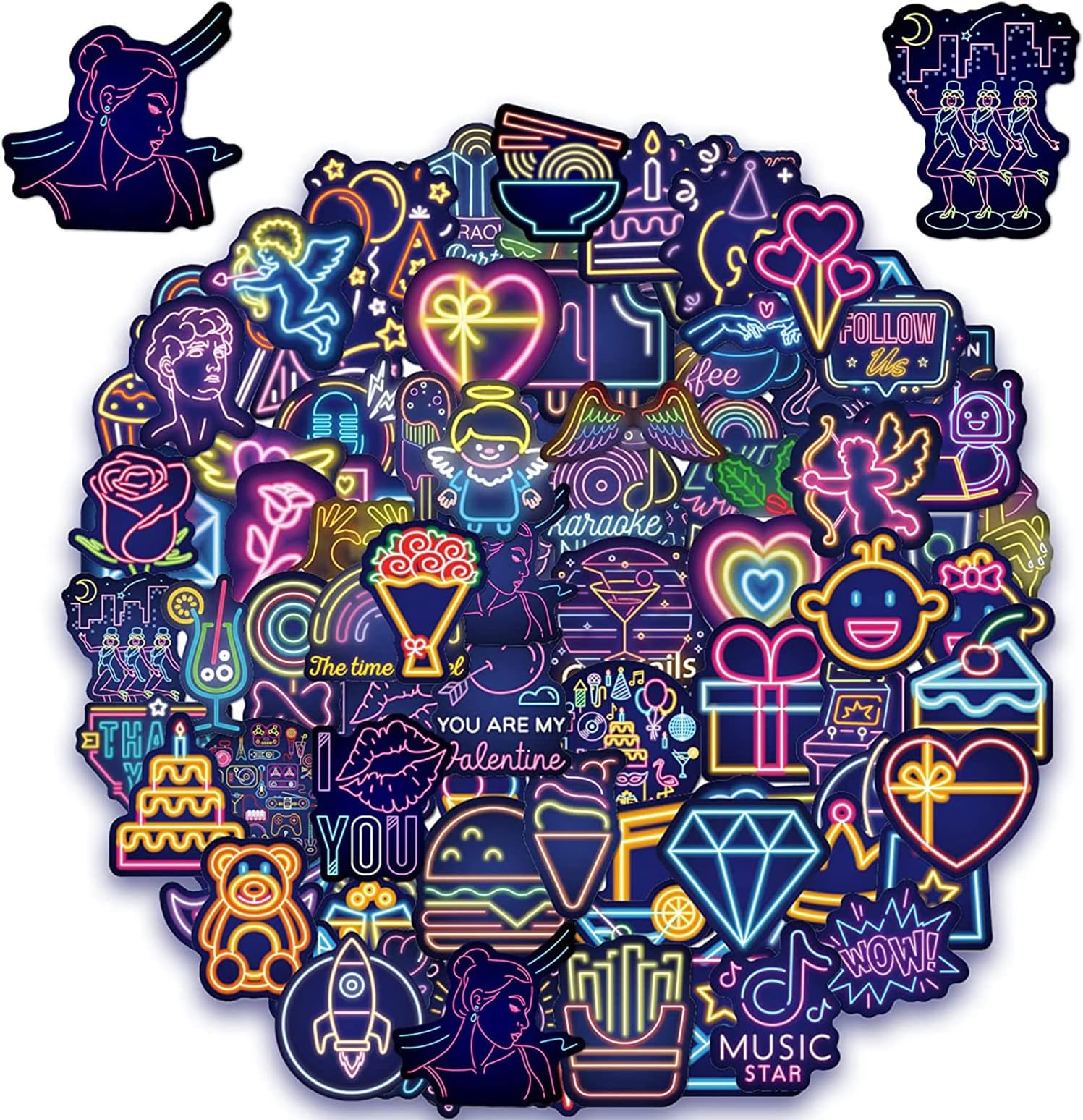 ELECDON Neon Style Stickers, 50 Pcs Neon Aesthetic Trendy Decals, Waterproof Vinyl Stickers for Water Bottle Phone Computer Luggage Guitar Bathroom Skateboard Stickers for Teens Girls Boys (neon sign)