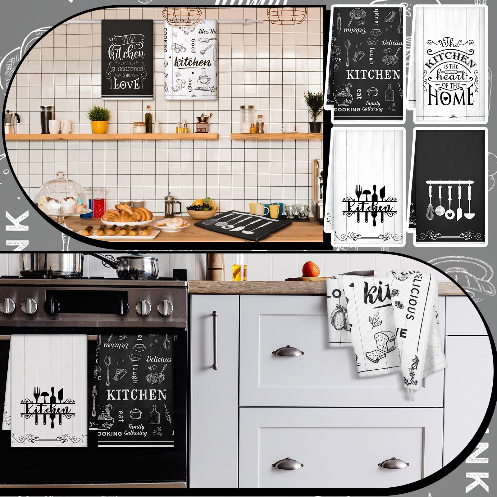 Bencailor 6 Pcs Home Kitchen Towels Decorative Sets Dish Towels Absorbent Fast Drying Hand Tea Vintage Hanging Reusable Cleaning Dishcloths for Cooking Farmhouse Bathroom Accessory