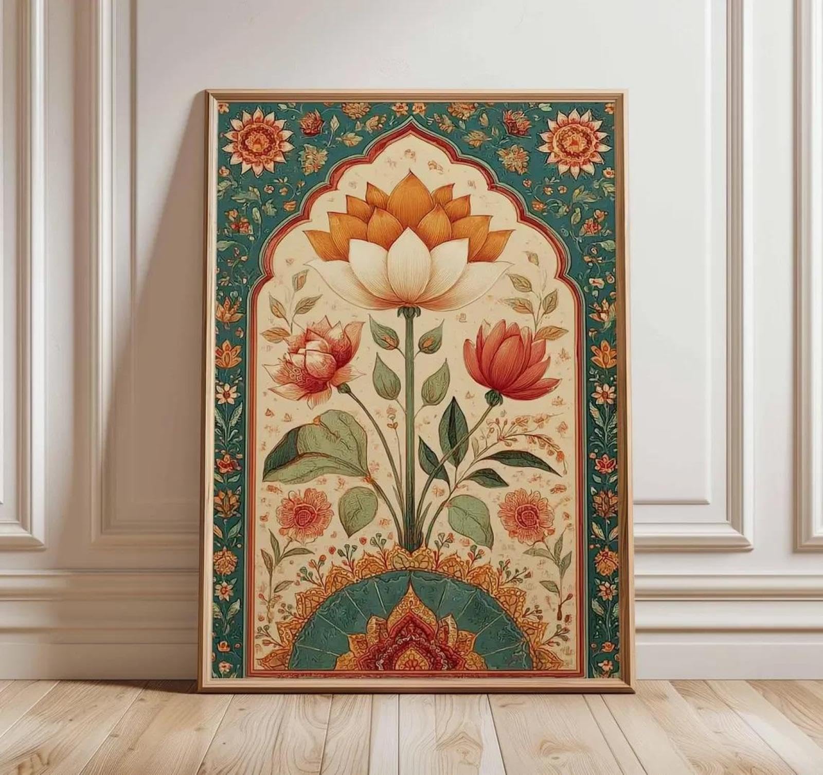 Baibexing Lotus Flower Vintage Mandala Canvas Painting Wall Art Poster, Indian Botanical Print, Traditional Floral Illustration, Boho Home Decor A4 30X40Cm Unframed
