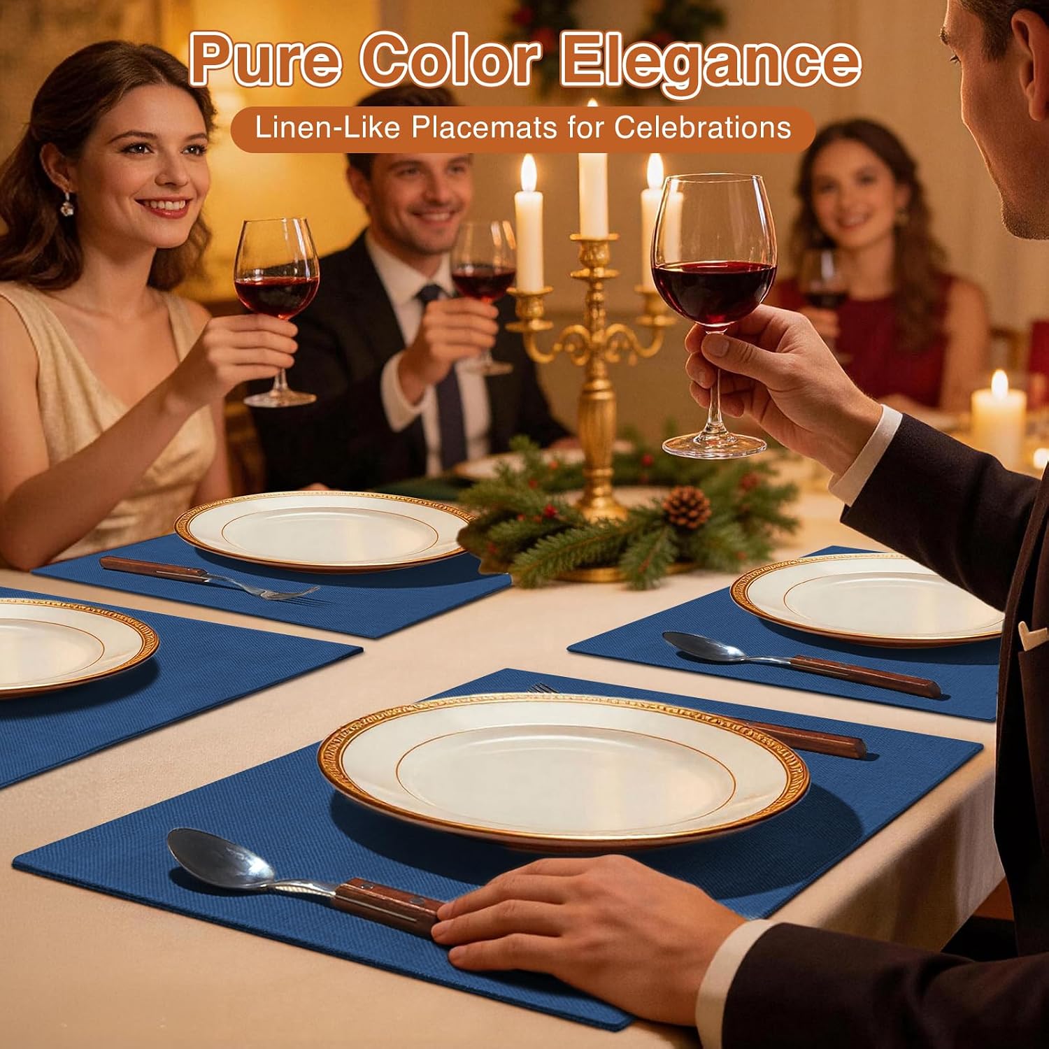 Linen Fabric Placemats Set of 4, Machine Washable, Heat Resistant, Wrinkle Free, Thick Polyester Kitchen Place Mats for Dining Table (Navy Blue) image 2