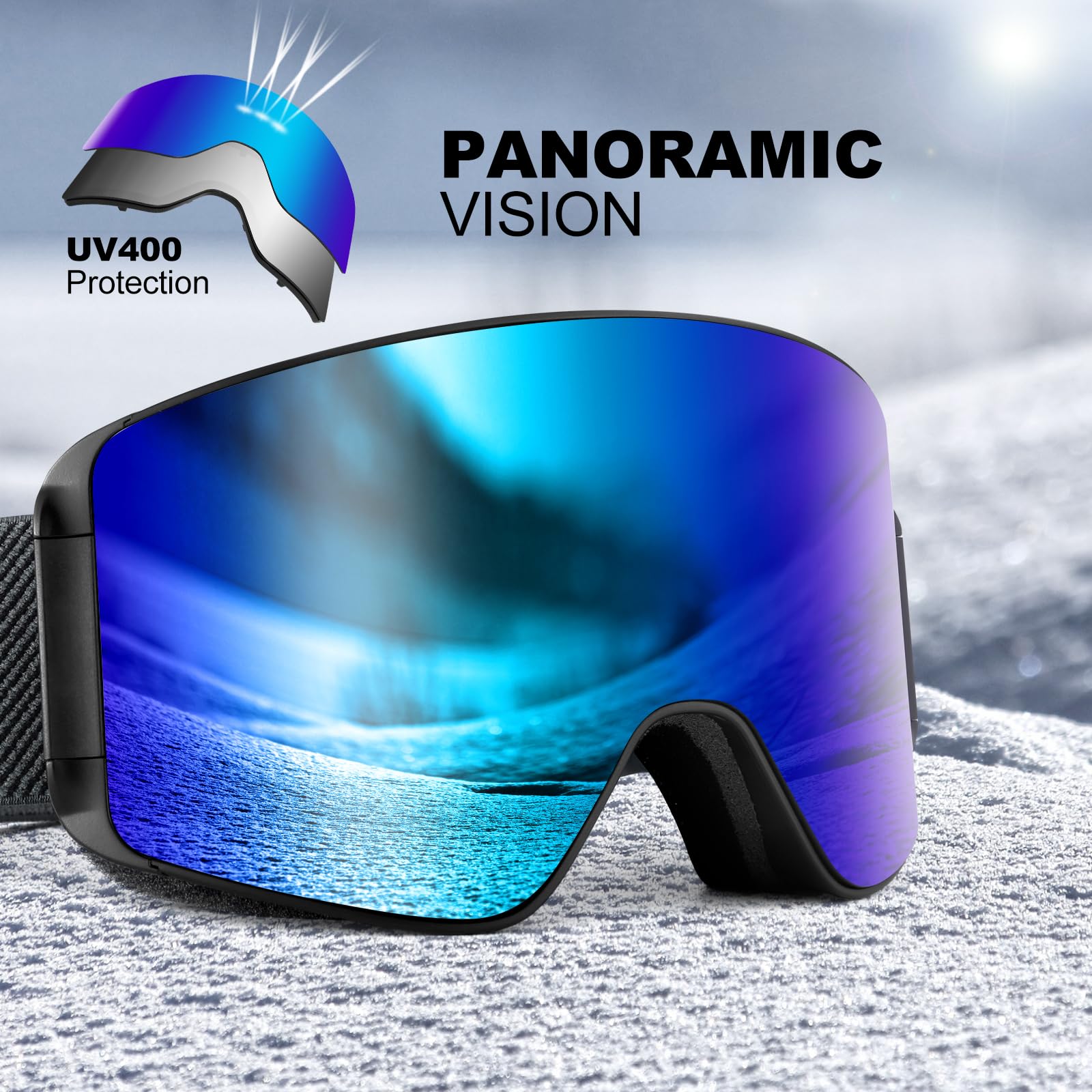 Odoland Kit di Maschera da sci con Lente Rimovibile, Lenti Intercambiabili Magnetico Senza Cornice, Occhiali da Sci Anti-nebbia con Protezione UV400, per Uomini e Donne, Compatibile con Casco
