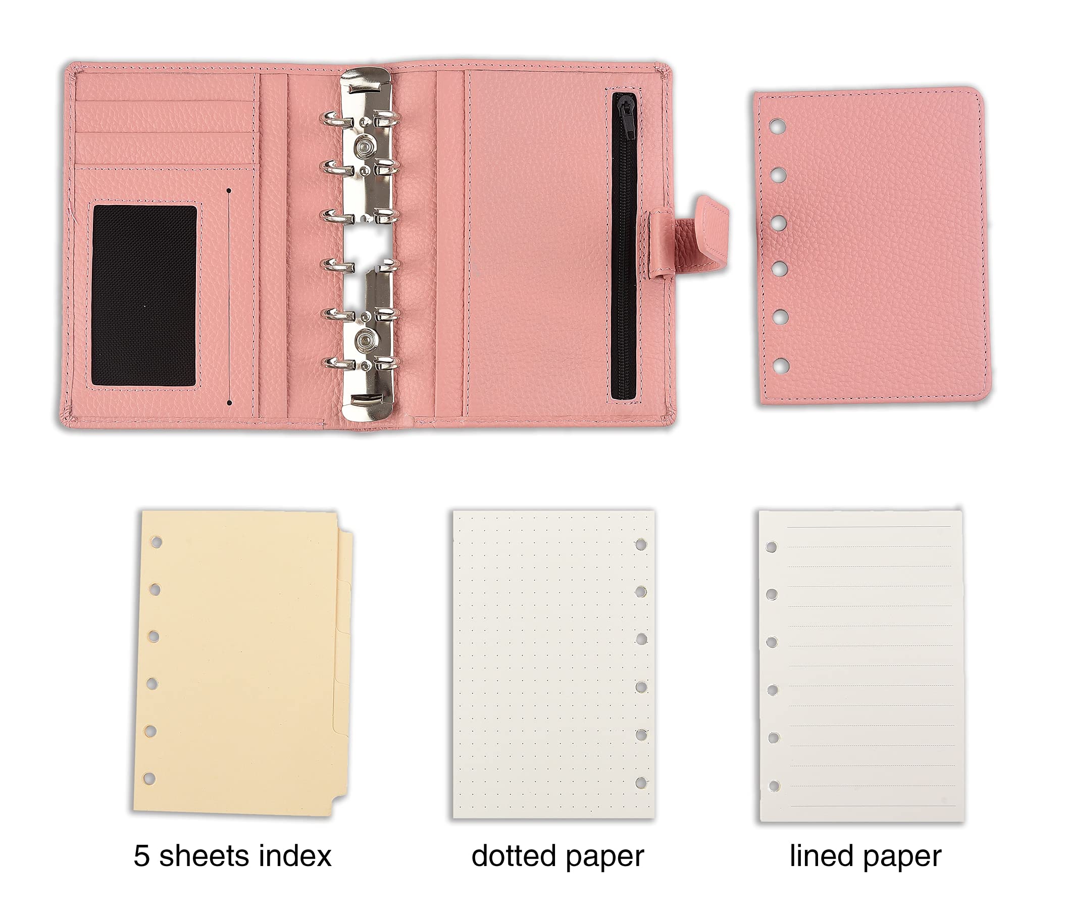 7Felicity Segregator budżetowy, skórzany planer pierścieni, 6-pierścieniowy organizer kieszonkowy pokrowiec na notebooka (Lychee-Pink)