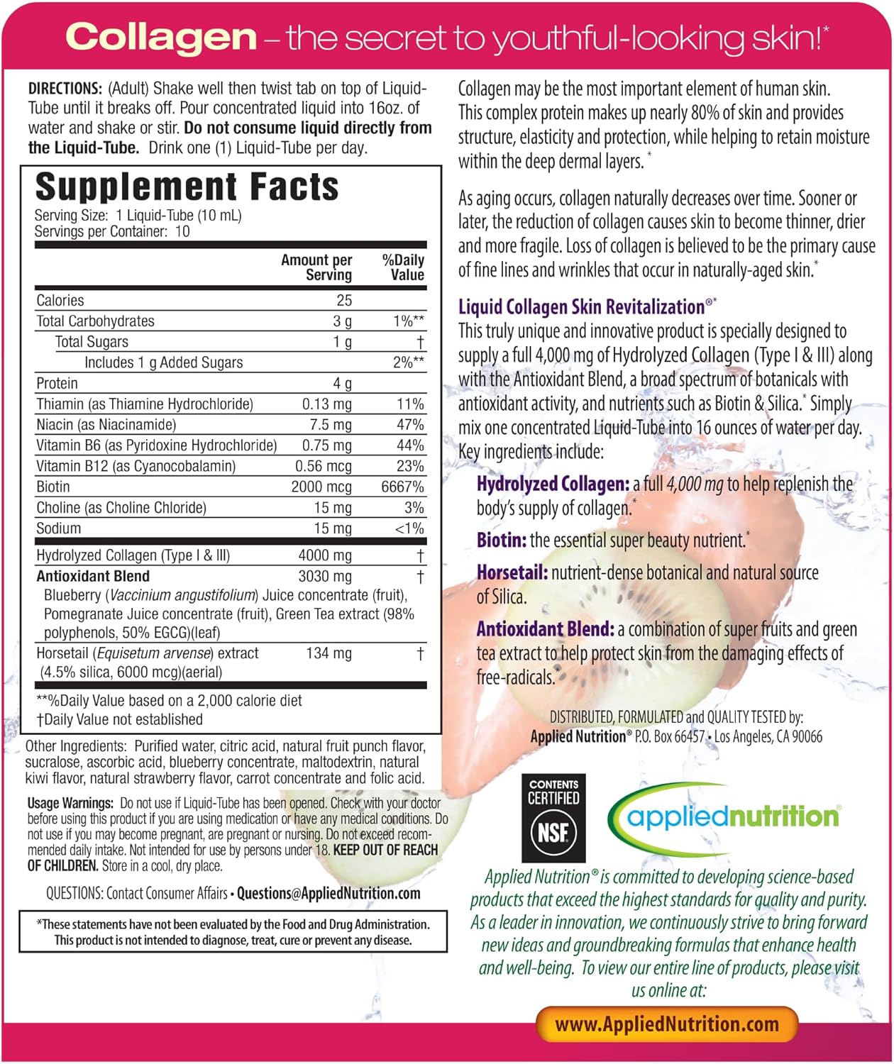 Applied Nutrition Liquid Collagen Skin Revitalization - 10 Liquid Tubes, Pack of 2 - Collagen, Biotin & Silica - Tropical Strawberry & Kiwi Flavor - 20 Servings