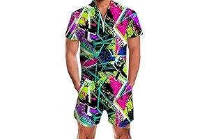 RAISEVERN Men's 80's Workout Costume Short Sleeve Jumpsuit Romper Rompers Male Zipper Outfits