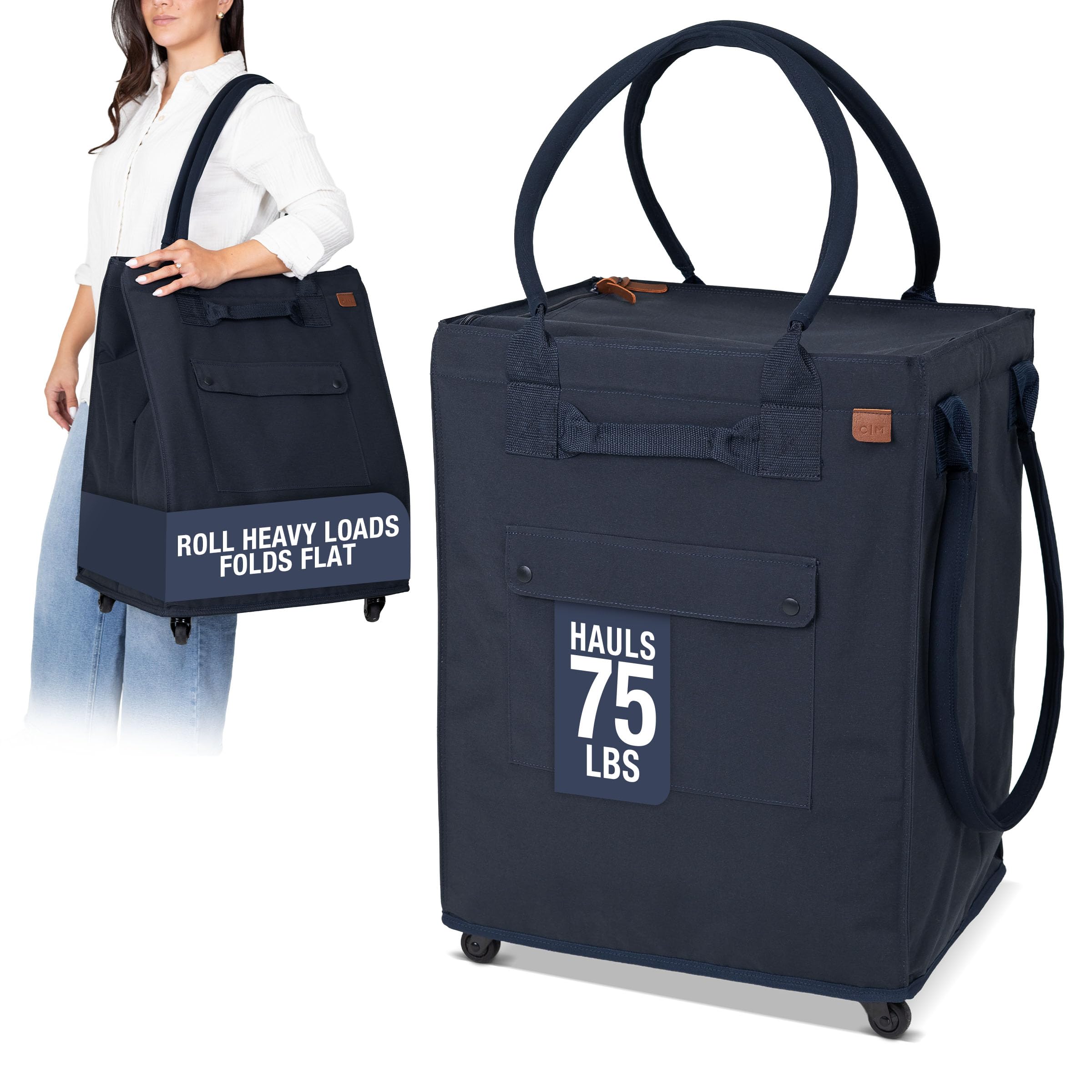 CleverMade Rolling Tote Bag With Wheels, 90L, 75 lb, Leeward Navy