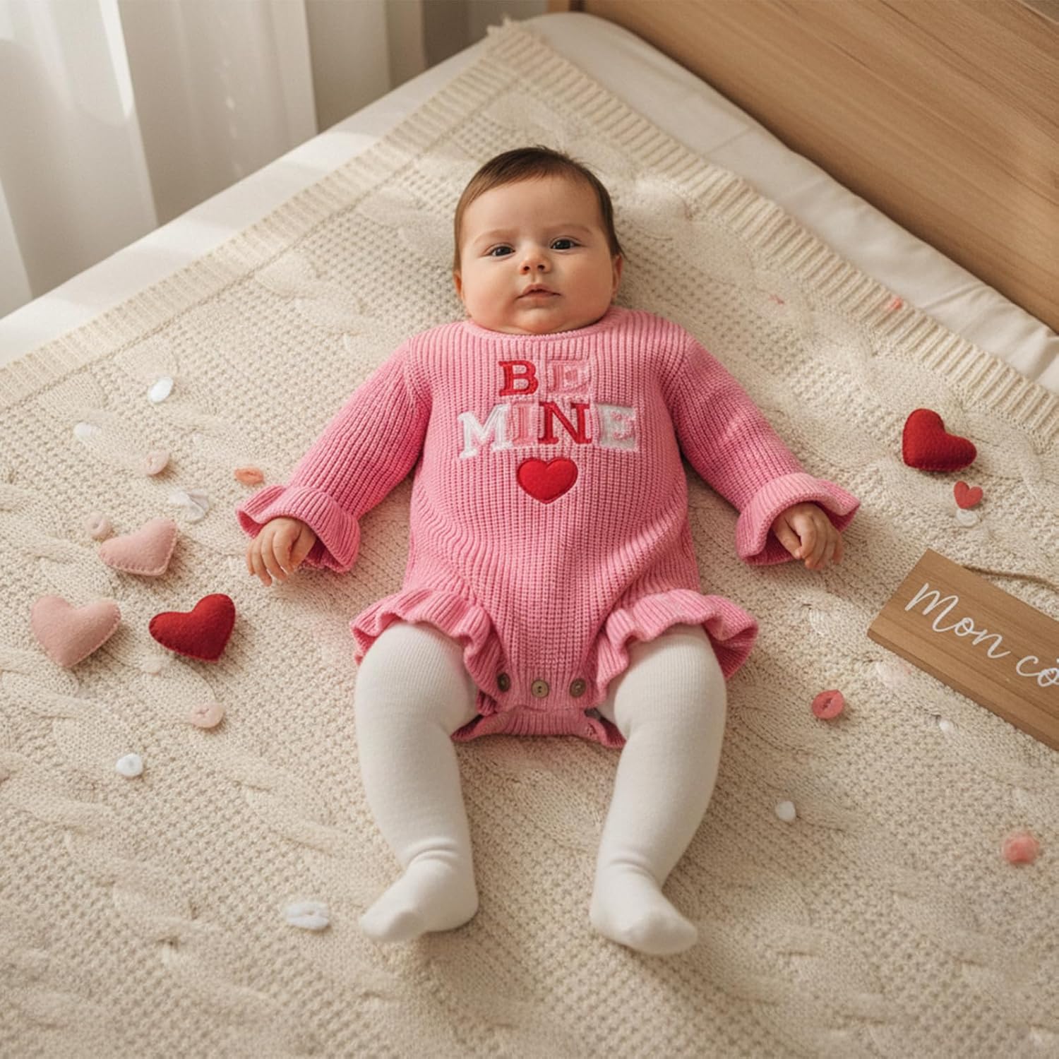 Newborn Infant Baby Girl Valentines Day Outfit Embroidery Knit Sweater Romper Long Sleeve Ruffle Bodysuit Jumpsuit - Image 4