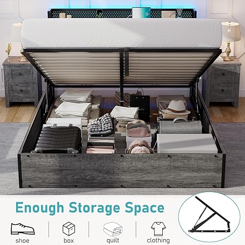 Miniatura 4 de LUXOAK Base de cama de almacenamiento elevable de tamaño matrimonial con luces LED, cabecera tapizada de lino con estación de carga, plataforma de