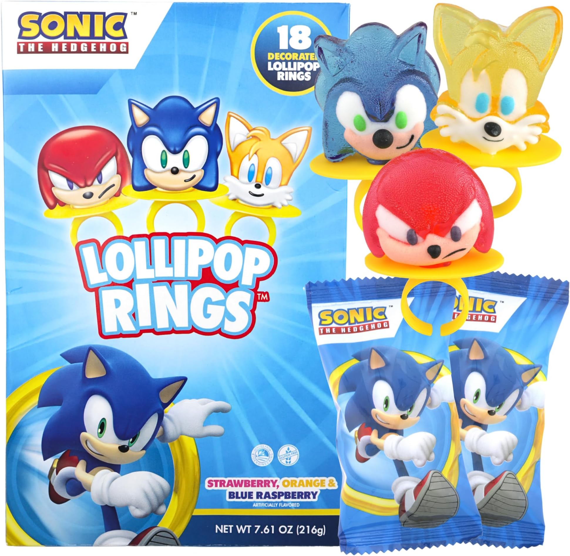 Sonic the Hedgehog Individually Wrapped Lollipop Rings, Knuckles and Tails Decorated Candy, Birthday Party Treats, 18 Count