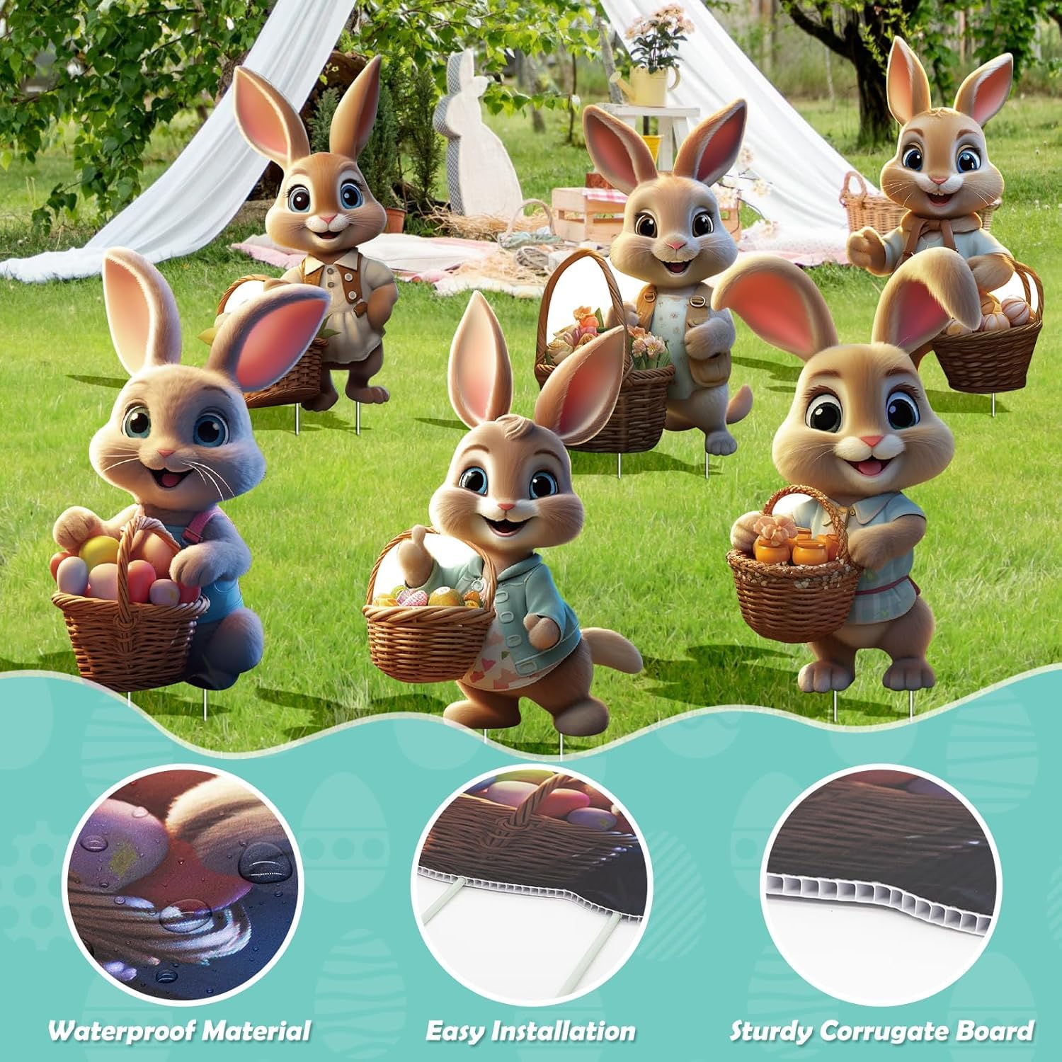 Señal decorativa de conejos de Pascua para jardín, carteles publicitarios 2D de Pascua, estacas para huevos de Pascua, letrero de granja para decoración de jardín, gran decoración de Pascua al aire