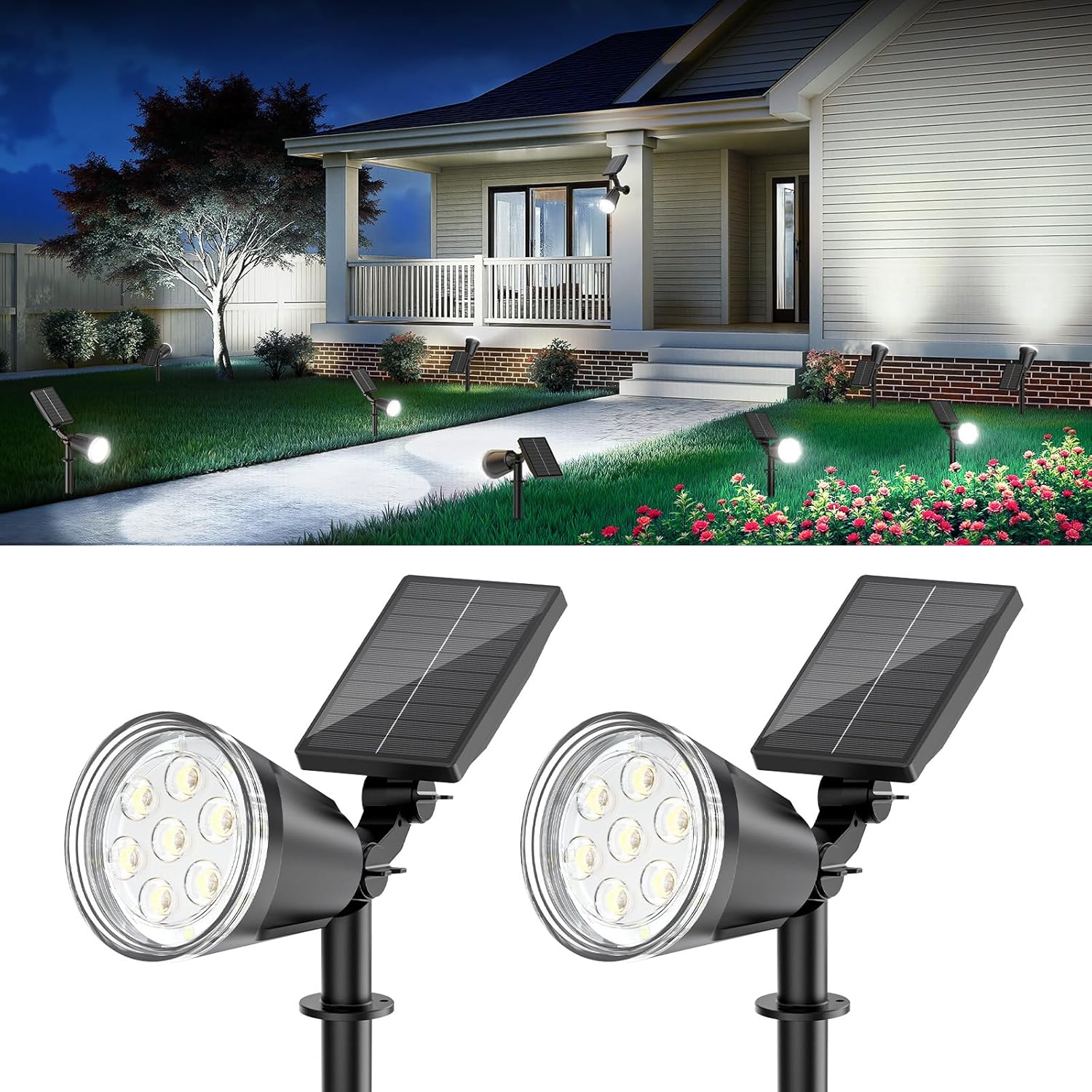 6 Pack Bright Solar Spot Lights Outdoor Cool White, 1000LM Adjustable Solar Lights Outdoor Waterproof, 2-in-1 Solar Powered Spotlights Landscape Lighting for Garden, Yard, Pathway, Tree, Flag