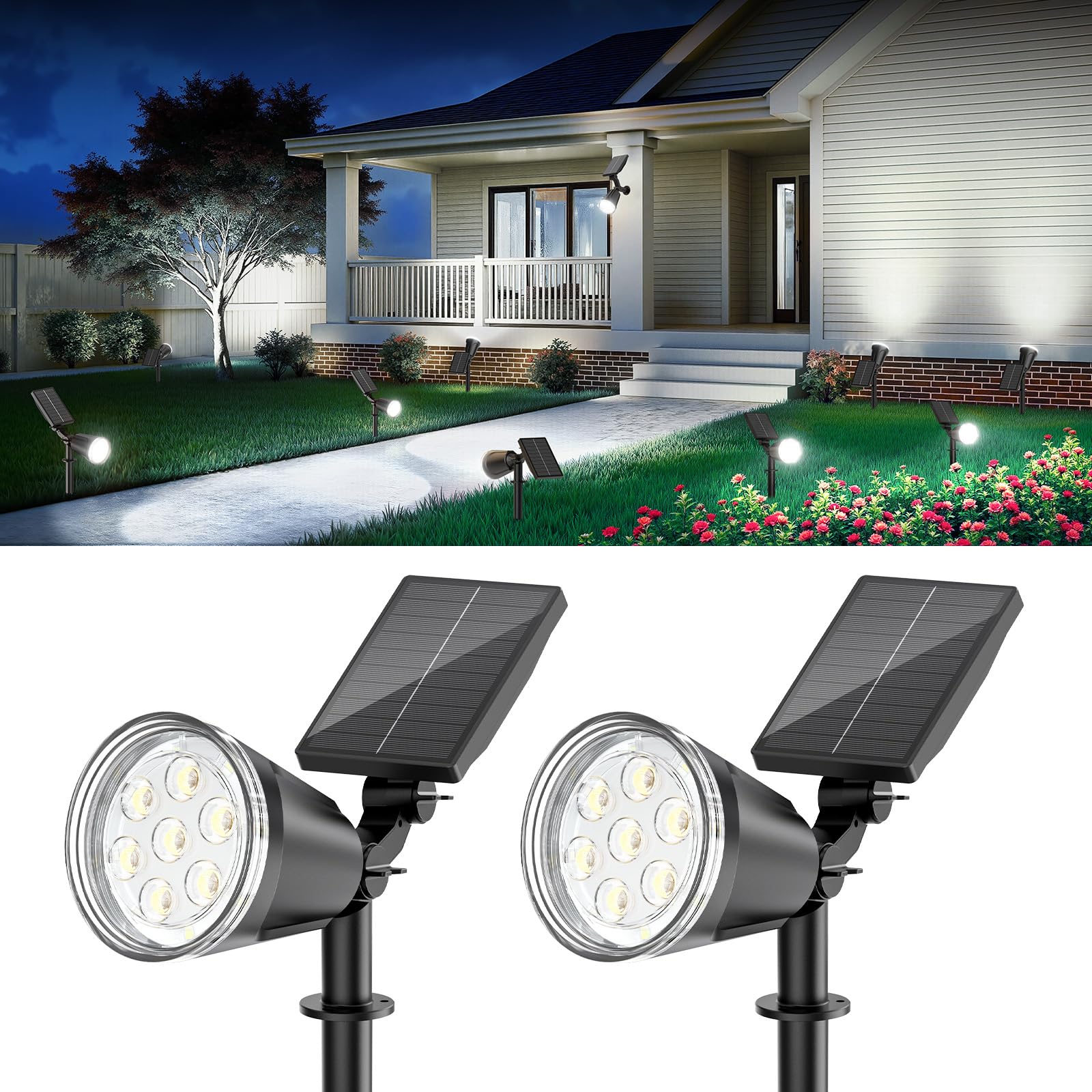 Solar Spot Lights Outdoor Cool White 1000LM Big Adjustable Solar Lights Outdoor Waterproof 2-in-1 Bright Solar Powered Spotlights