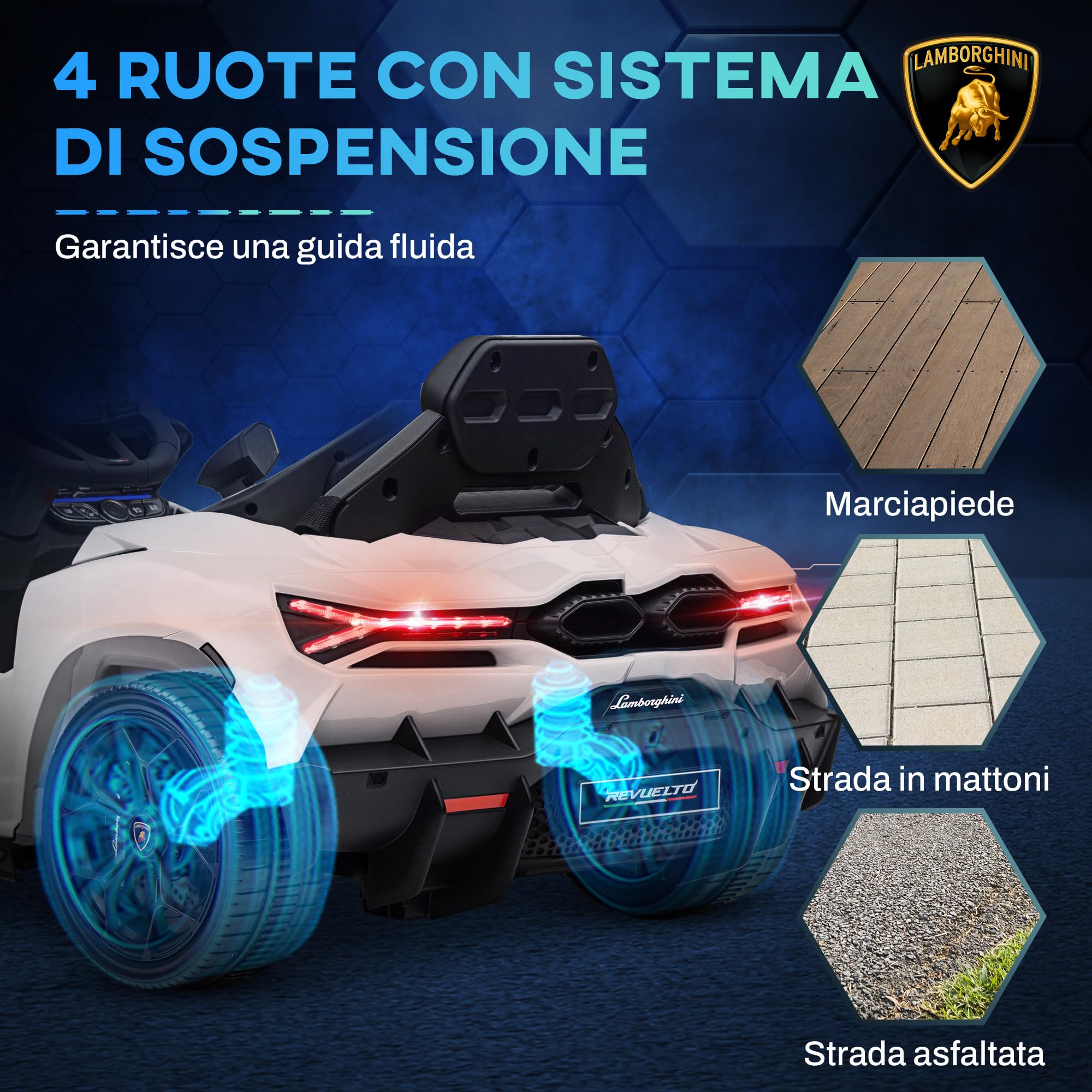 AIYAPLAY Macchina Elettrica per Bambini 12V Lamborghini Revuelto, Bianco | 3-5Anni, 3-5km/h, Auto Elettrica per Bambini, Porte a Farfalla, 2 Motori, Sospensioni, Telecomando, Musica, Rotelle, Fari