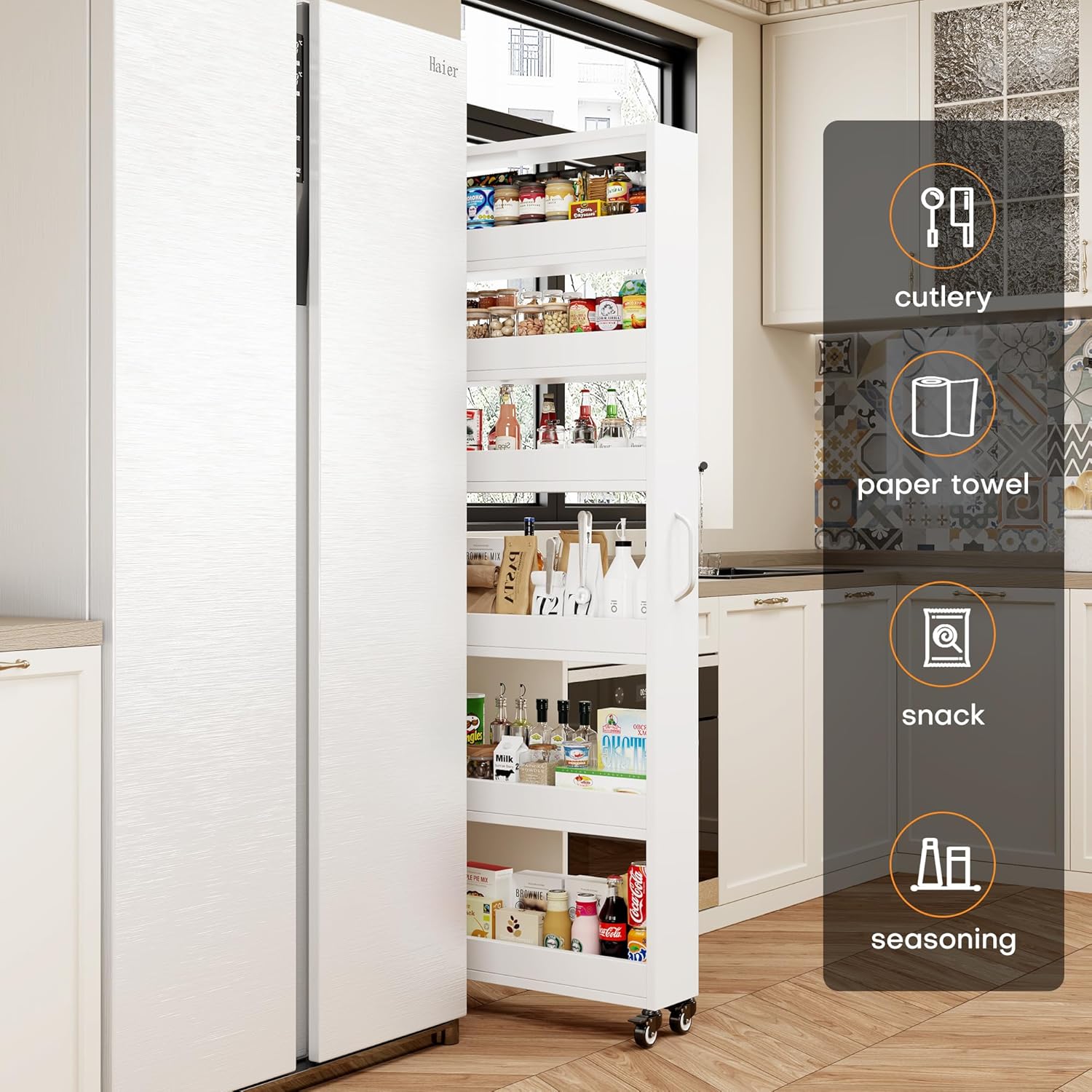 Slim Storage Cart, Lightweight 6 Tier Metal Rolling Utility Kitchen Cart on Weeels, Mobile Storage Shelving Unit Organizer for Bathroom Laundry Office Narrow Places (White, 6" D)