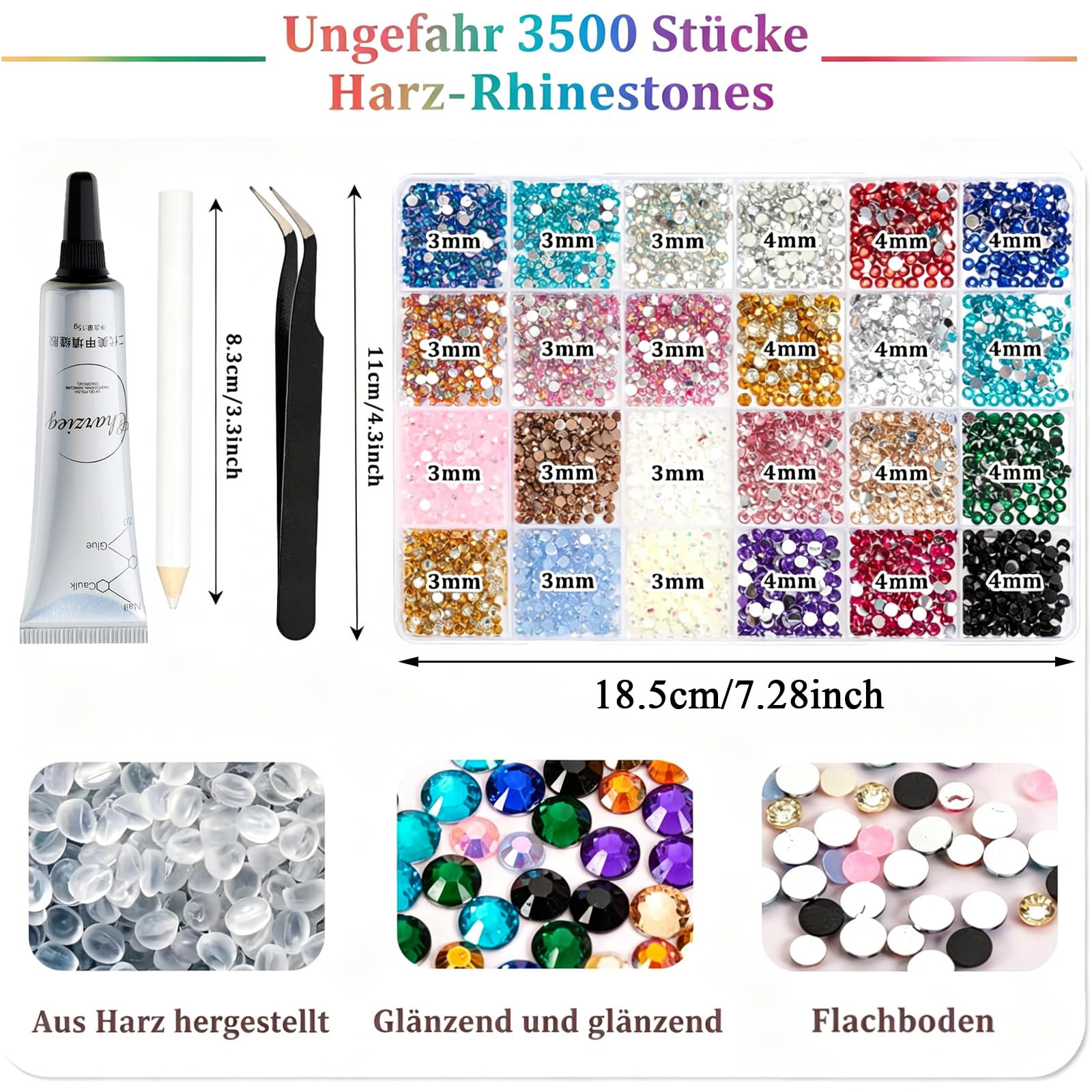 3500 Bedazzler Kit With Glue, 24 Farben 3mm 4mm Strasssteine Nägel, Flatback Rhinestones mit Glue Pinzette und Stift, Glitzersteine zum Basteln, Glitzer Steine für Nägel Textilien