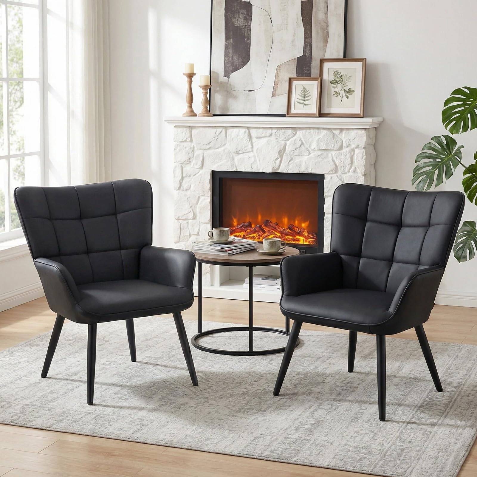 Furniliving PU Leather Armchair, Modern Mid Century Accent Chair with Backrest & Metal Legs, Comfy Upholstered Barrel Chair for Living Room Bedroom