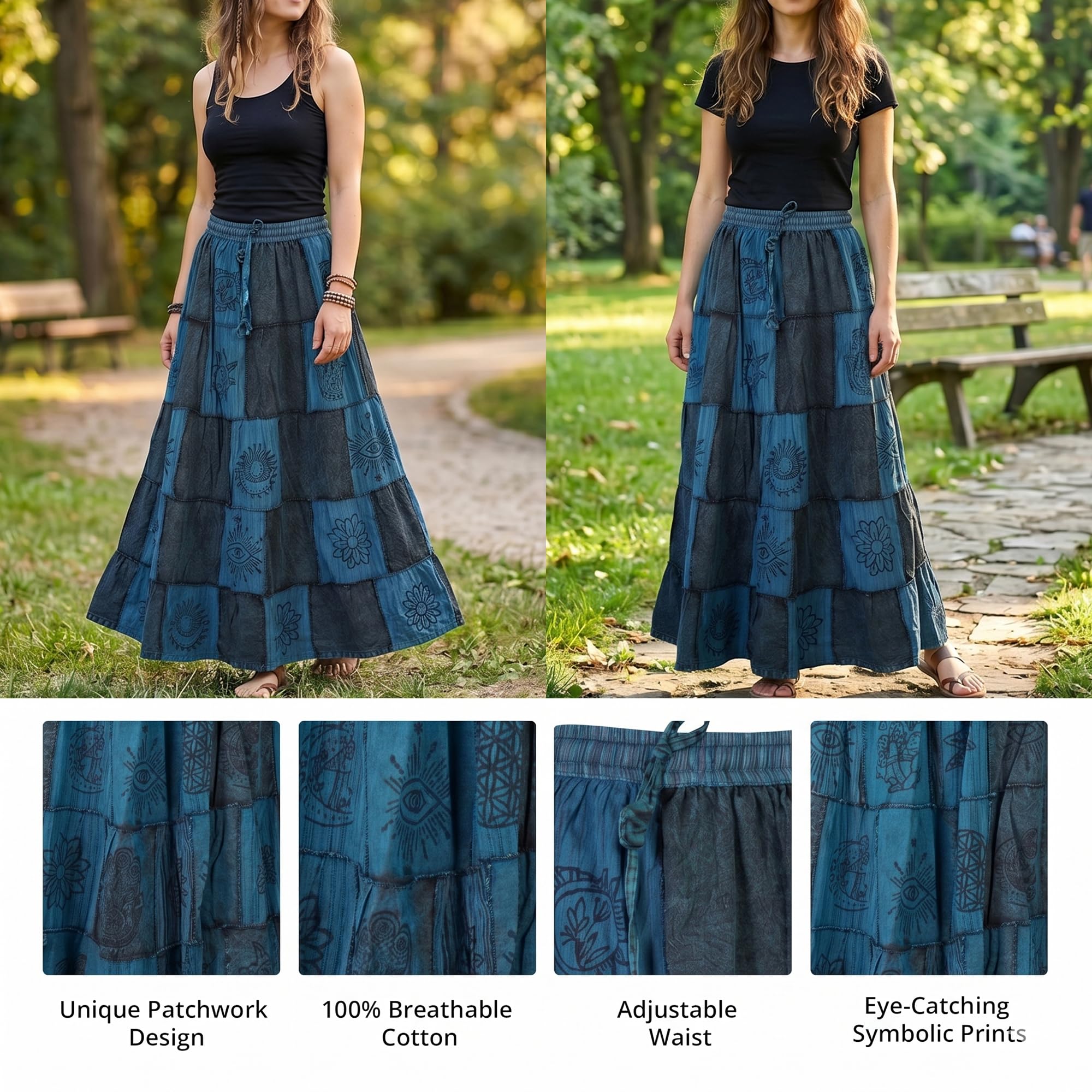 Ezhippie Langer Damenrock, Bohemian-Stil, Baumwolle, Patchwork, Hippie, Festival, , langer Rock