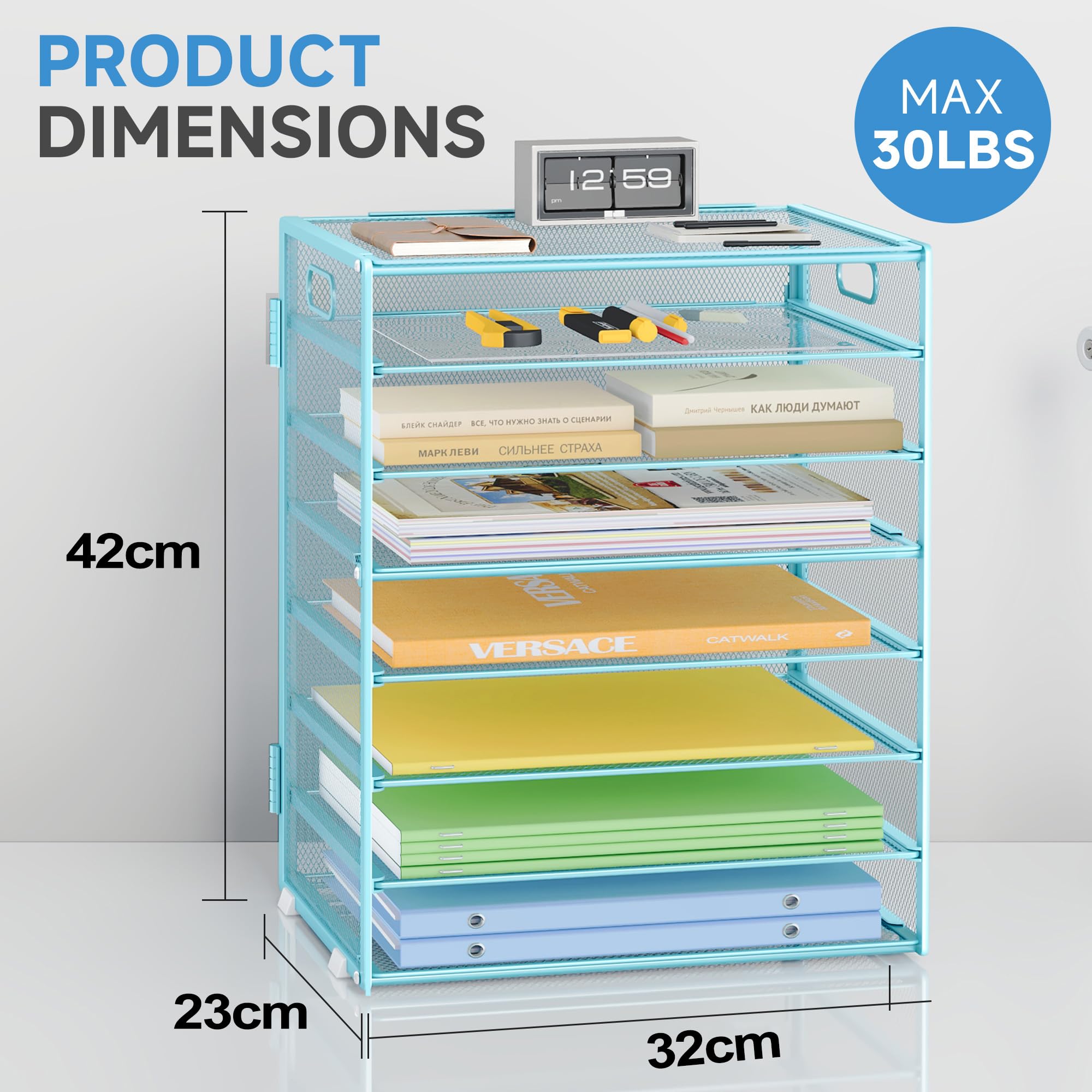 Marbrasse Schreibtisch Organizer Ablage,8-Tire Papierablage Ablagefächer Stapelbar Dokumentenablage,Metall Schreibtischorganizer für Briefablage,Ordner,Büromaterial,Home Office (Blau)
