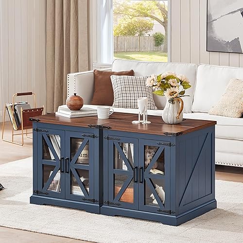 Miniatura 5 de Juego de 2 mesas auxiliares de granja con estación de carga, mesa auxiliar de sofá grande de 24 pulgadas con puerta de granero de cristal, mesita de