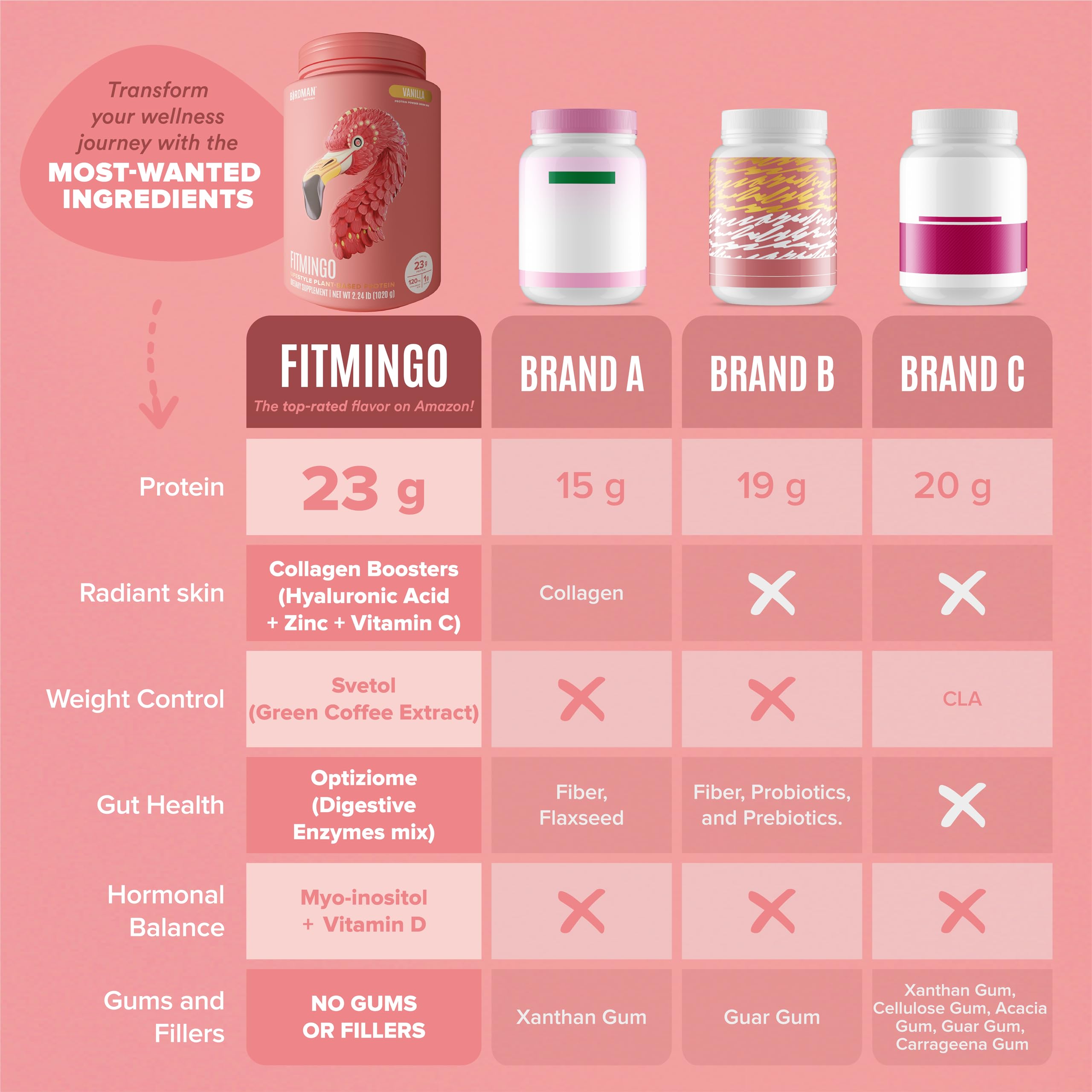 BIRDMAN Fitmingo Vegan Protein Powder with Inositol, Collagen Boosters, Hyaluronic Acid and Vitamins | Low Carb, Dairy Free, Lactose Free, Low Calorie | 23g Plant Based Vanilla Protein Powder — Amazon image 6