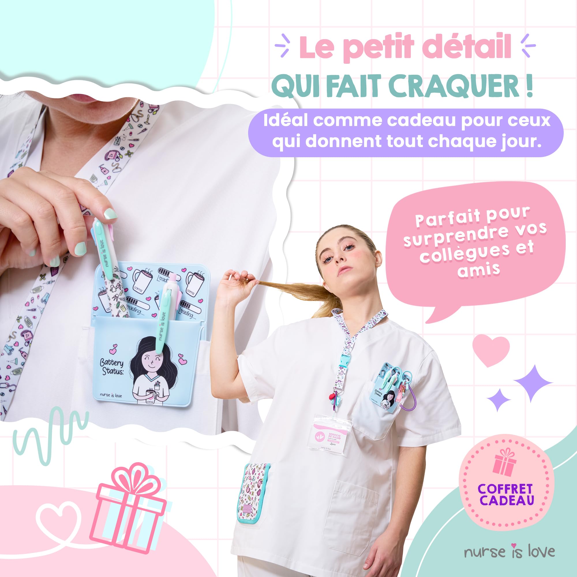 Nurse is Love Cadeau Infirmiere Set De 5 Pcs. | Tour De Cou Badge - Porte-Badge + Ciseaux + 2 Pochette Infirmiere avec 2 Stylo Personnalisé Multi-Encre + Porte-Ciseaux | Infirmiere Accessoires & AS