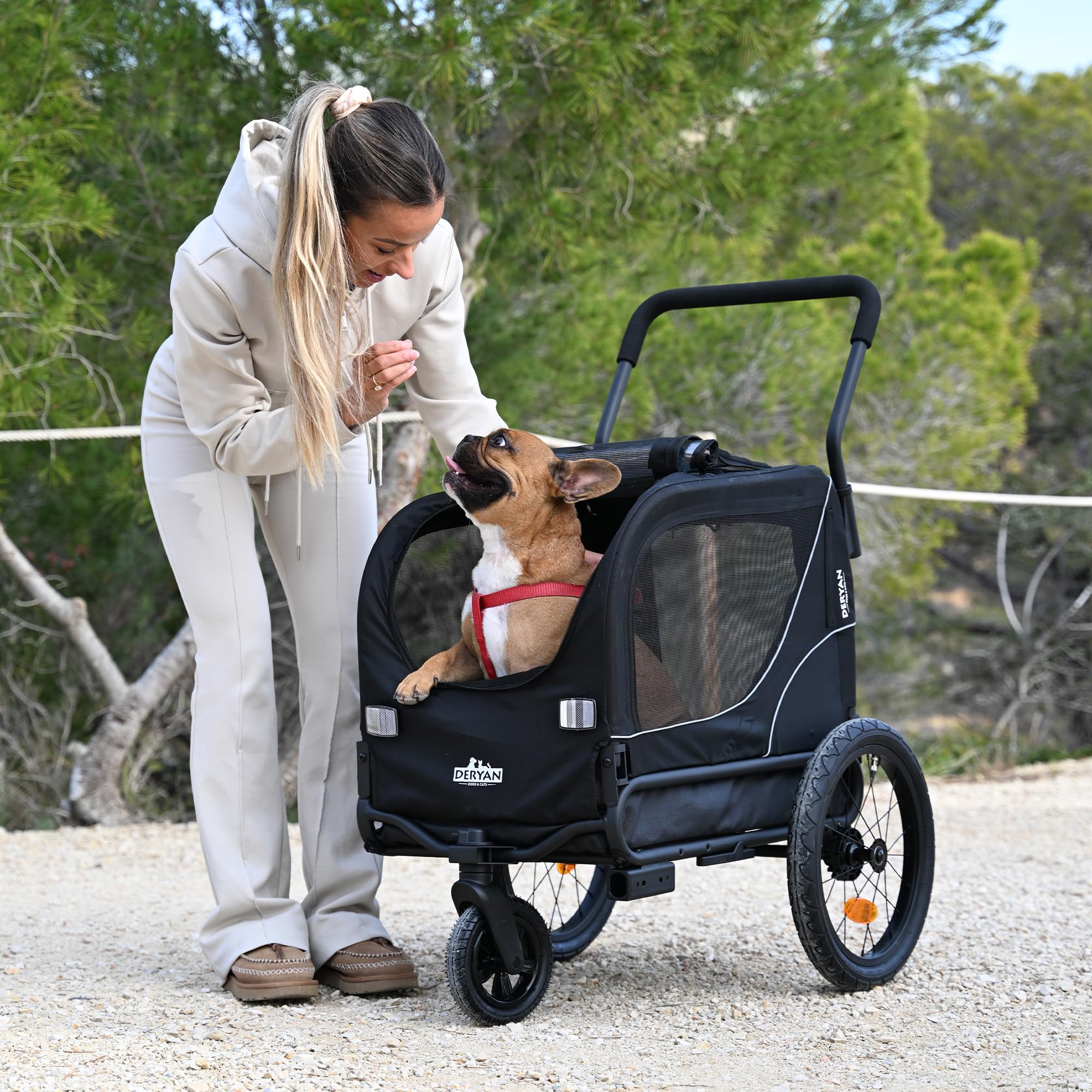 Deryan Hundefahrradanhänger 2-in-1 für Hunde - Fahrradanhänger XL, Jogger & Buggy - Zusammenklappbar & Multifunktional - Bis 20 kg - Für E-Bikes geeignet - Federung Fahrradanhänger Jogger - Schwarz