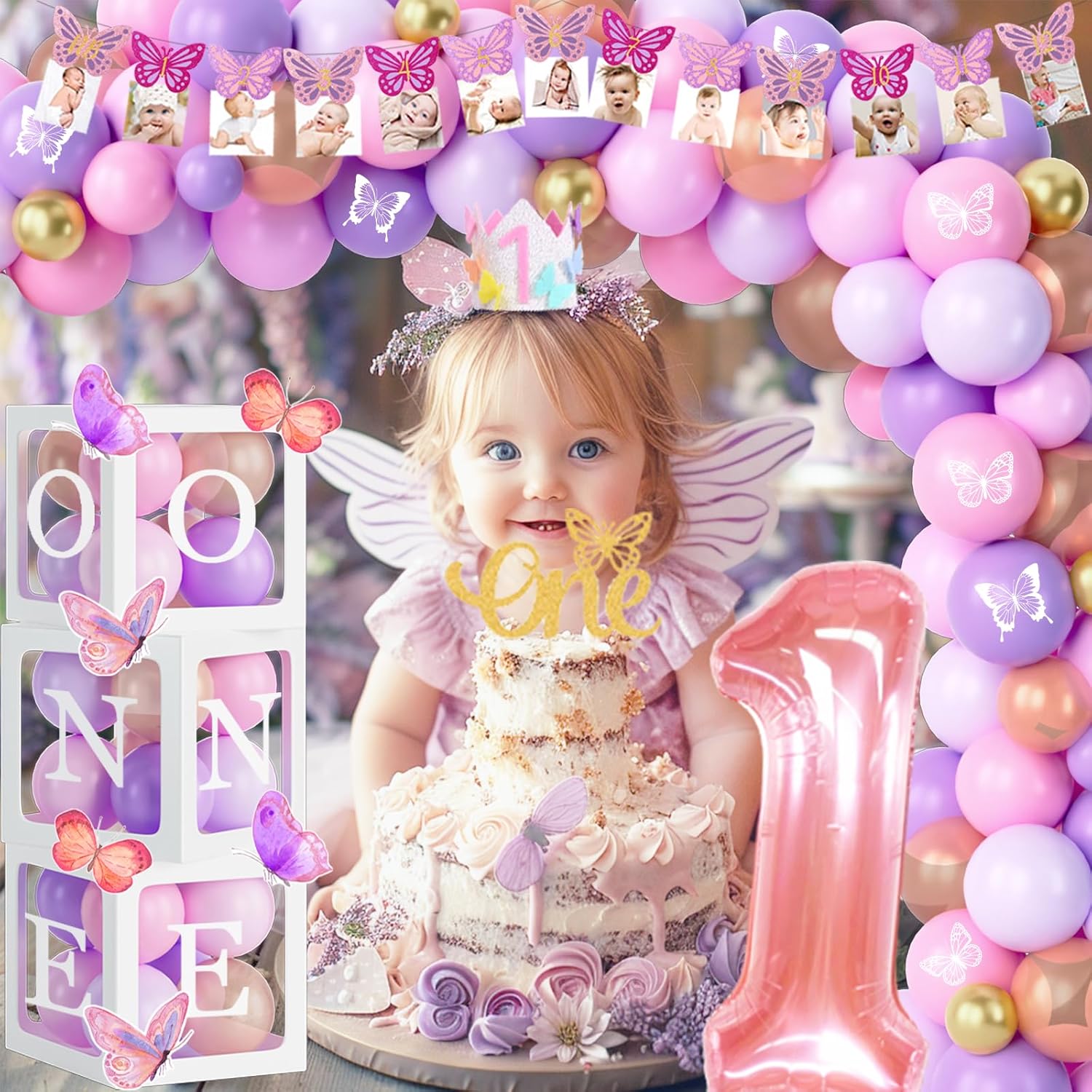 Butterfly First Birthday Decorations for Girls, 1st Birthday Decorations for Girl, Butterfly One Year Old Party Decorations, Backdrop Balloon Monthly Photo Banner Box One Cutout Cake Topper