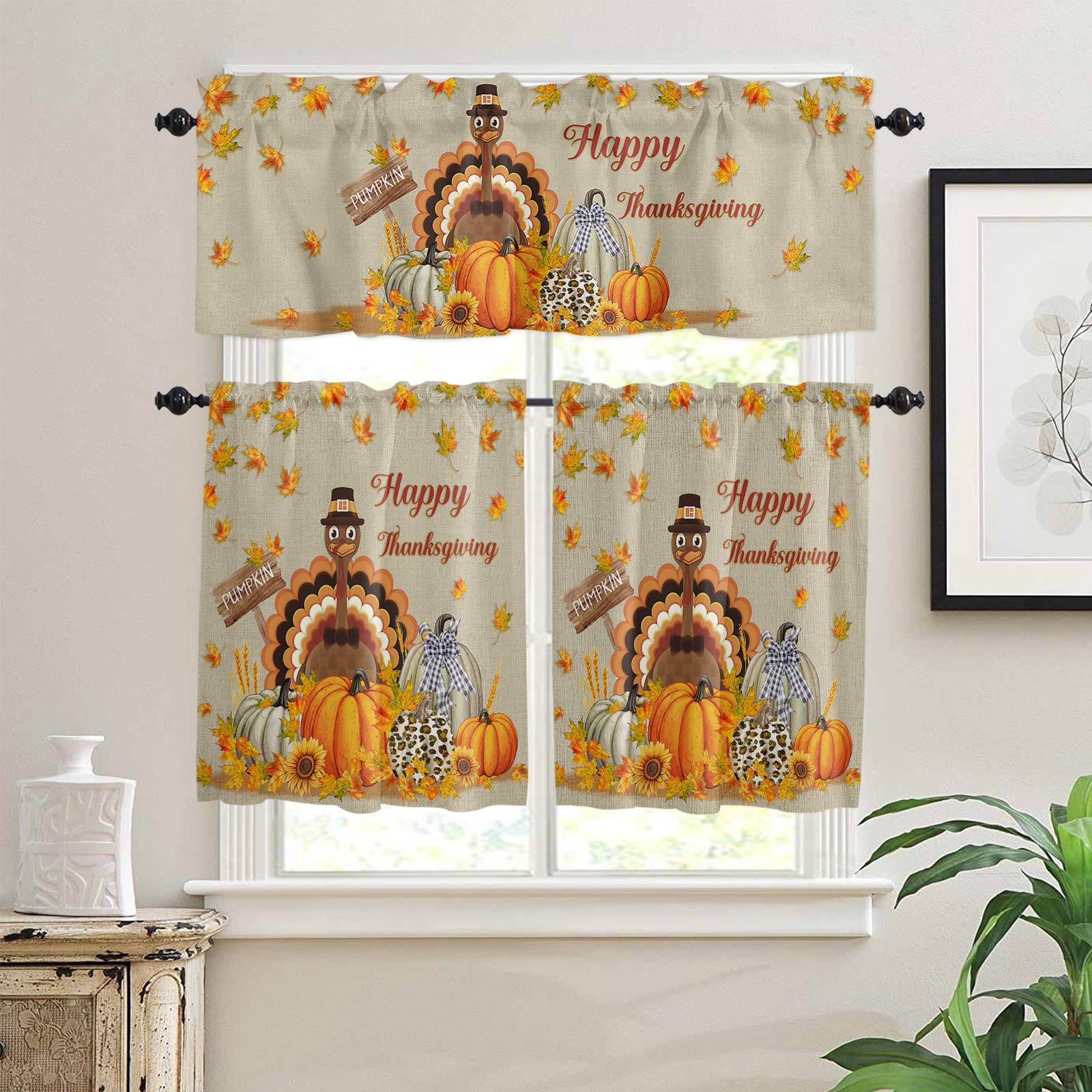 DoremiHome3pc Kitchen Curtain Tier & Valance Set Fall Maple Leaves Thanksgiving Turkey Pumpkin Rod Pocket Kitchen Curtain Set Short Window Treatment Farm Sunflowers Valance Tiers 24" Length