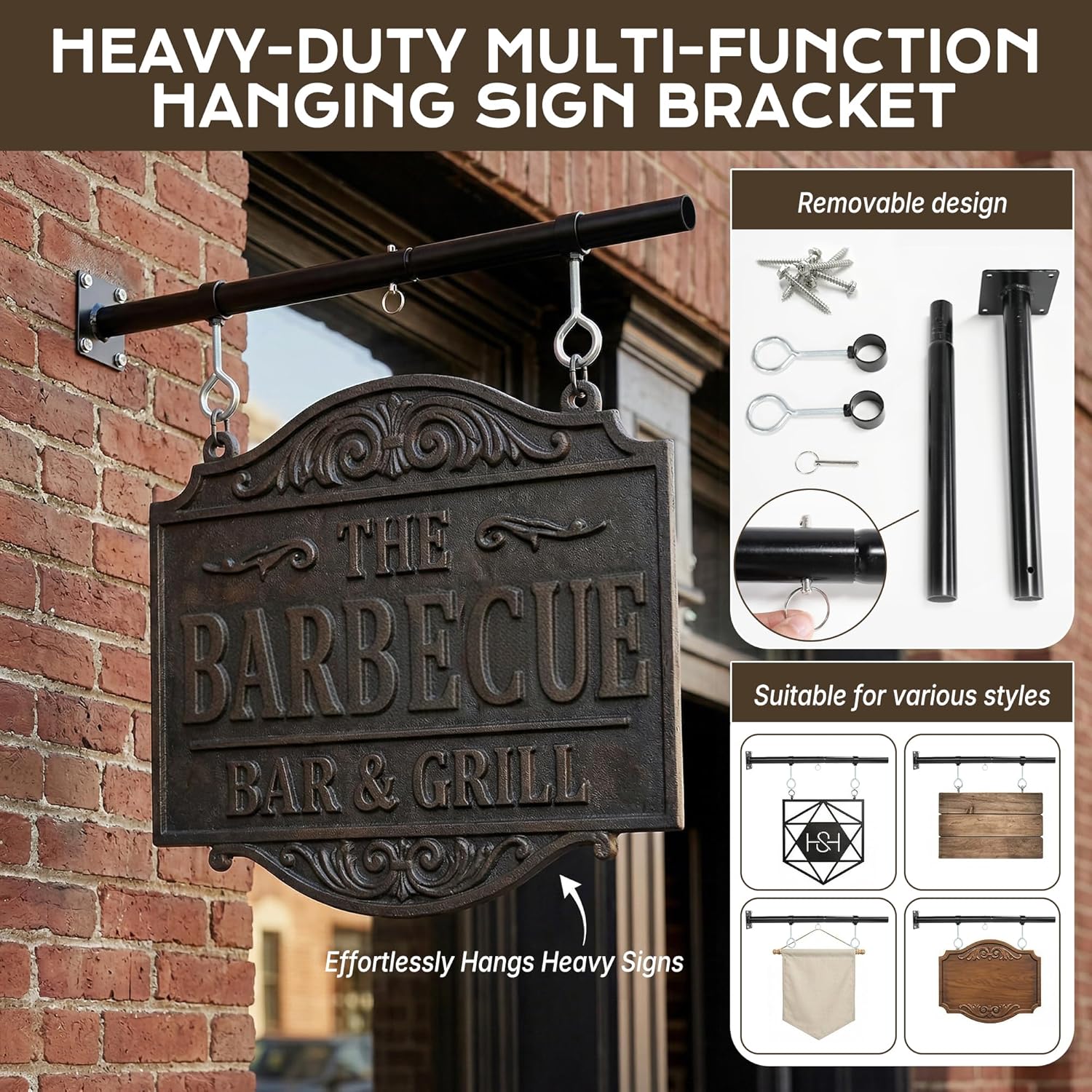 Heavy Duty Hanging Sign Brackets Outside 24" Hanging Sign Holder with 2 Adjustable Rings, Powder Coated Metal Outdoor Sign Holder for Street, House, Porch, Garden