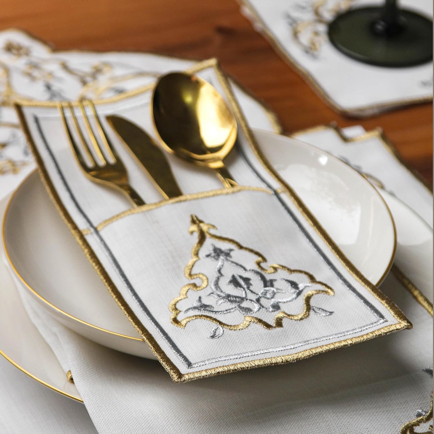Embroidered Placemats with Gold and Silver Scrollwork Design, White Linen Table Mats with Decorative Border, Elegant Dining Table Linens Set, Islamic Decor Golden Harmony Set for 6 Person / 24 Piece