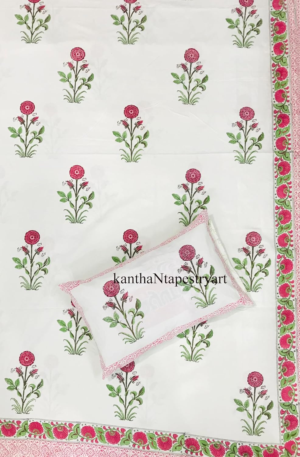 Generic kanthaNtapestryart Hand Block Print Bedsheets, soft cotton bedsheet, jaipur block print,Bedspreads, indian cotton bed sheets, Designer Bedspreads with Pillows (King/Queen Size 90x108 Inch)