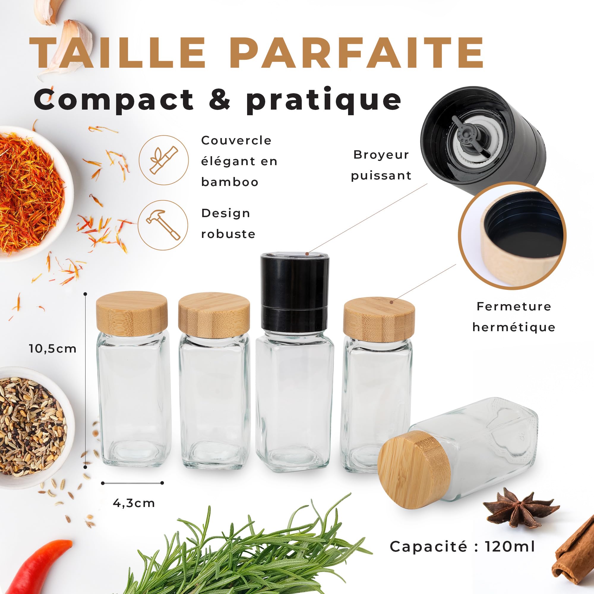 comforder – Pots à Épices en Verre et Bois + 336 Étiquettes Françaises pour Épices + 2 Moulins – 24 Bocaux de Cuisine 120 ml