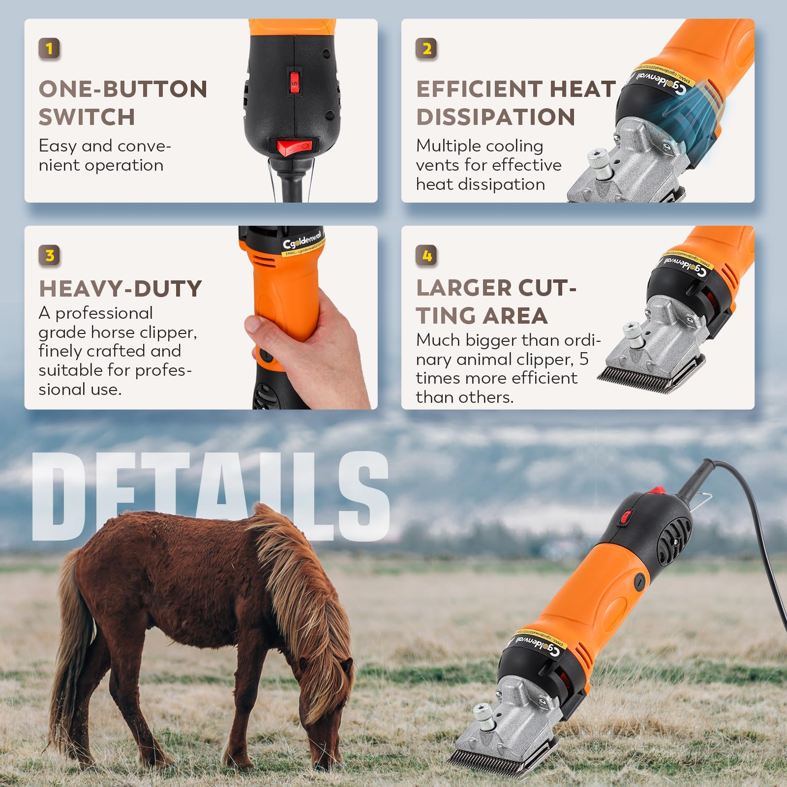 CGOLDENWALL Esquiladora para Caballos Profesional 690W 2800 RPM | 6 Velocidades + Cable 5m | Potencia Industrial para Caballos, Bovinos, Cabras, Ponis & Animales de Pelo Grueso