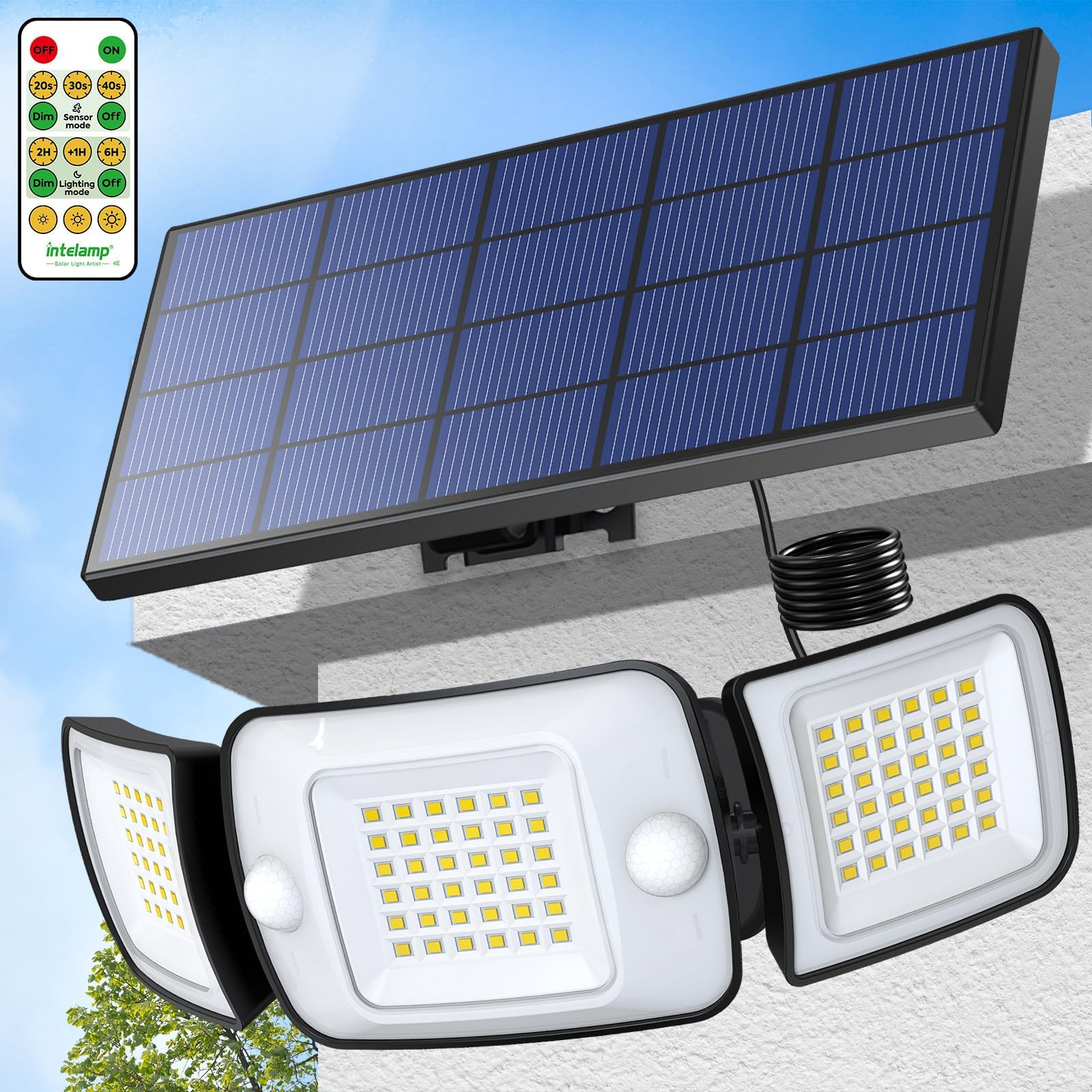 intelamp Solar Security Flood Lights Outdoor Motion Sensor with Remote Control,Waterproof Outdoor Solar Light with 3m Cable for Garden Garage shed