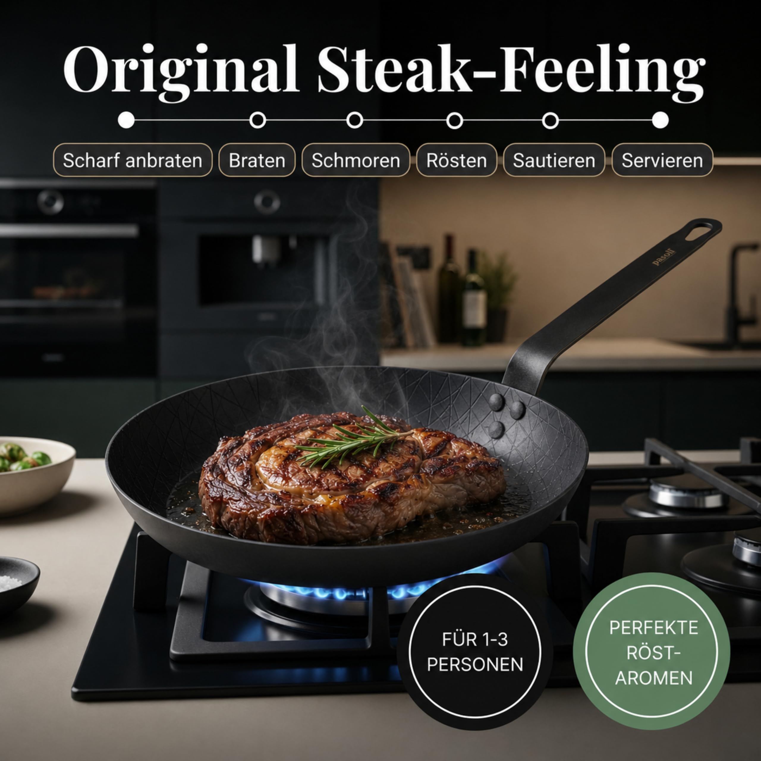 pasoli Carbonstahl Steak-Pfanne 28 cm – voreingebrannt, ohne Griffschutz, Induktion, Gas & Elektro kompatibel, kratzfest, ofenfest, Steakpfanne schwarz