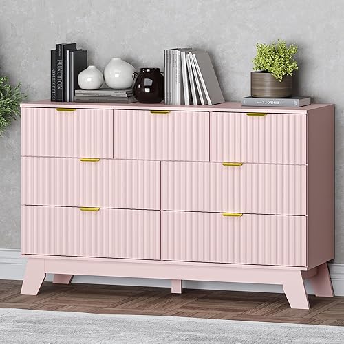 Miniatura 36 de Cómoda de 8 cajones con diseño acanalado, cómoda de 47.2" de ancho con 4 cajones modernos de estilo bohemio, cómoda de almacenamiento de madera