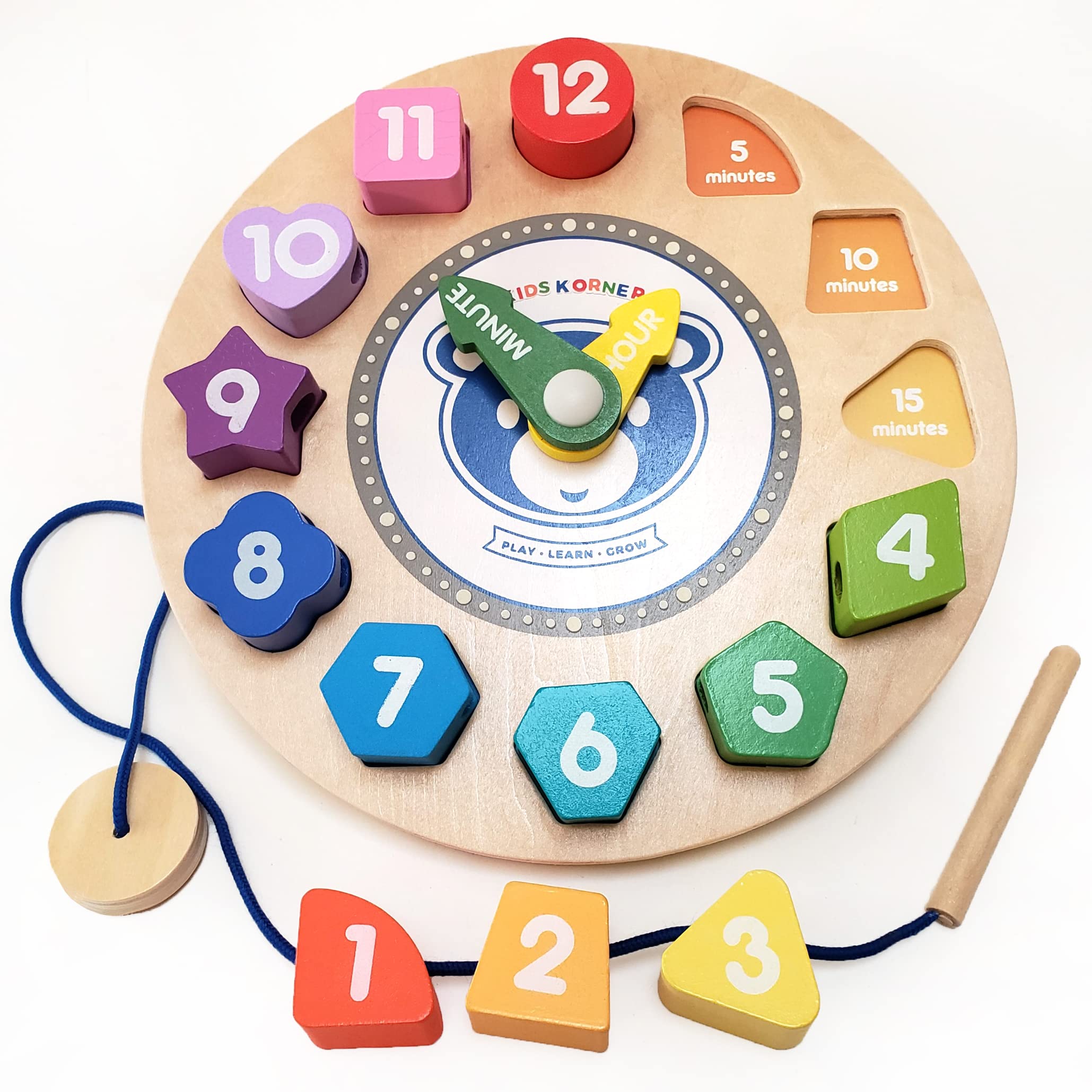 Orologio in legno con pizzo e apprendimento per bambini, forme, colori, lacci e tempo di rivelazione, si illuminano al buio abilità motorie sottili e giocattoli in legno con e-book