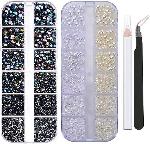 Miniatura 1 de Juego de 2 cajas de diamantes de imitación y perlas con parte trasera plana para arte de uñas, maquillaje facial y manualidades, perlas