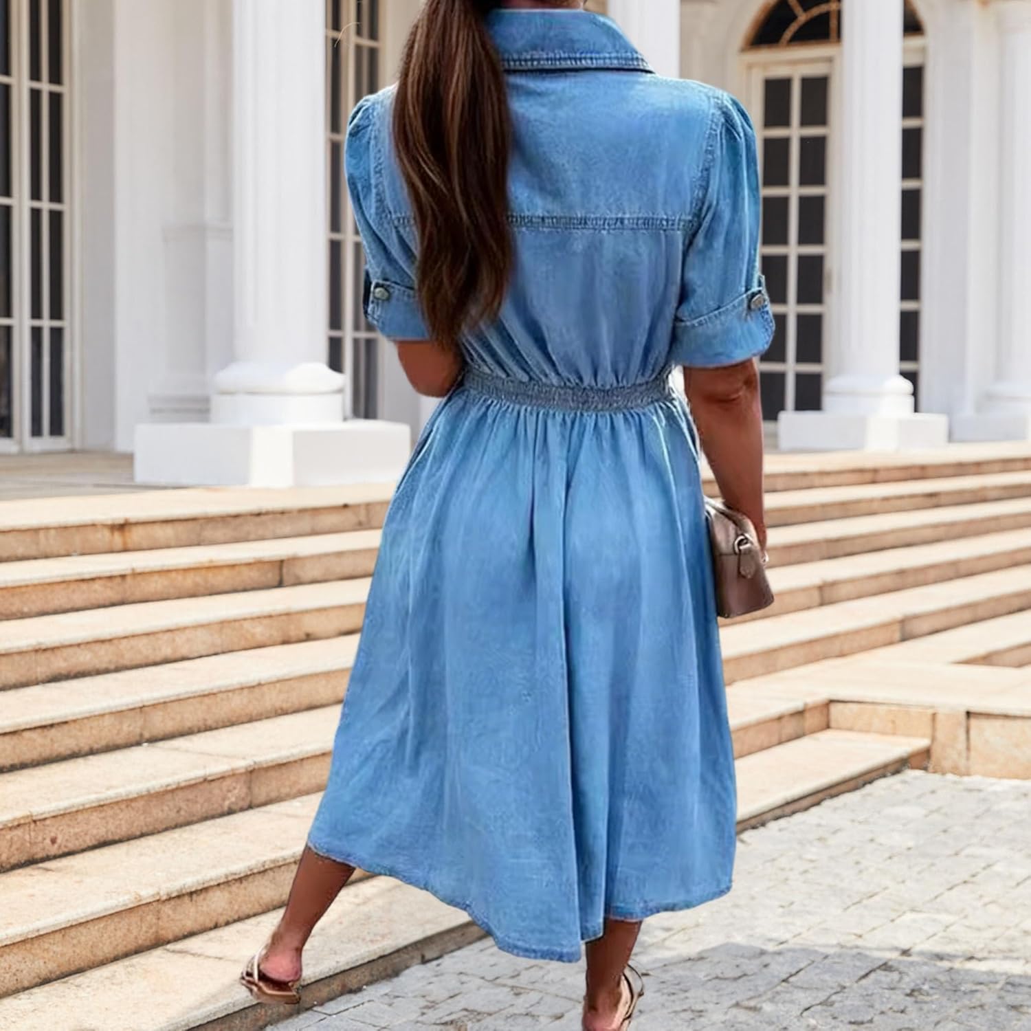 Women's V Neck Bottom Down Denim Shirt Dress Short Sleeve -Line Long Jeans Western Dresses with Pockets