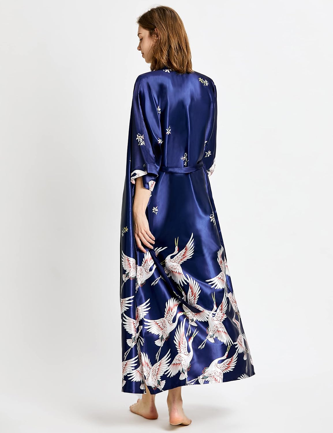 PRODESIGN Long Kimono Robe Satin Sleepwear Blouse Bathrobe Nightgown Silky Crane Kimono Cardigan Robe - Image 5