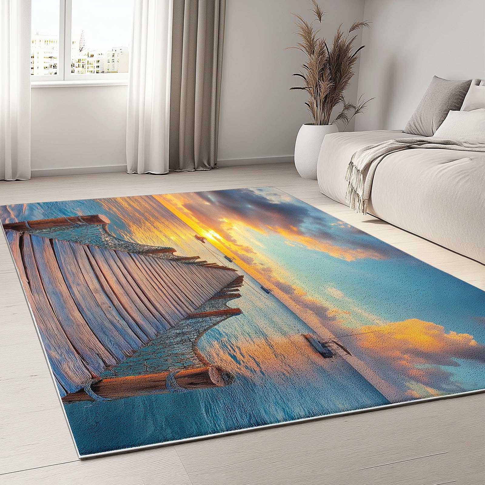 Tapis de salon doux et résistant au motif pont en bois sunset island