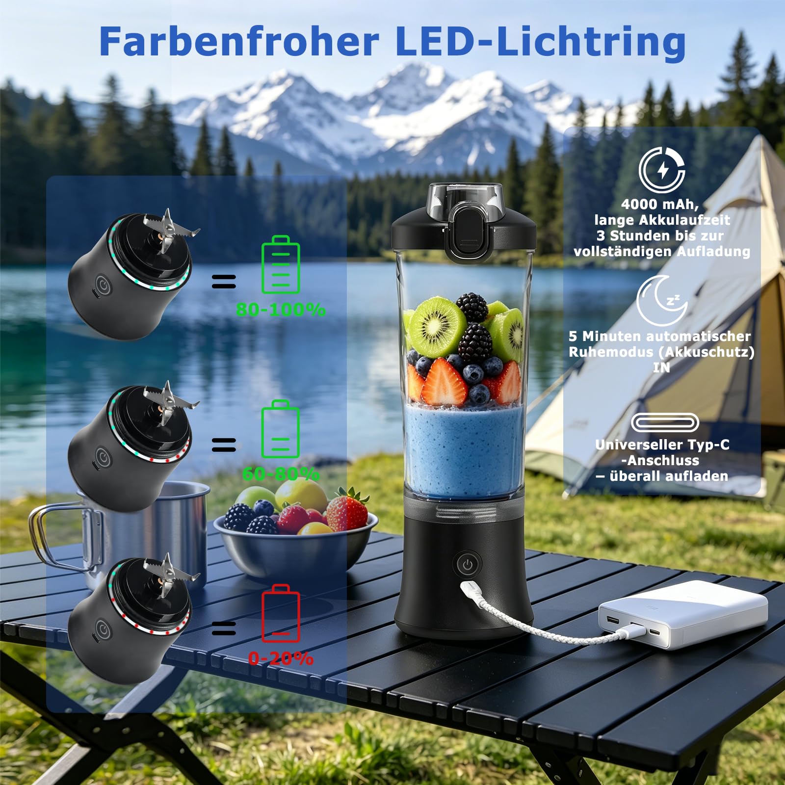 Kissleaf Tragbarer Mixer für Shakes und Smoothies 600ml mit 6 Klingen